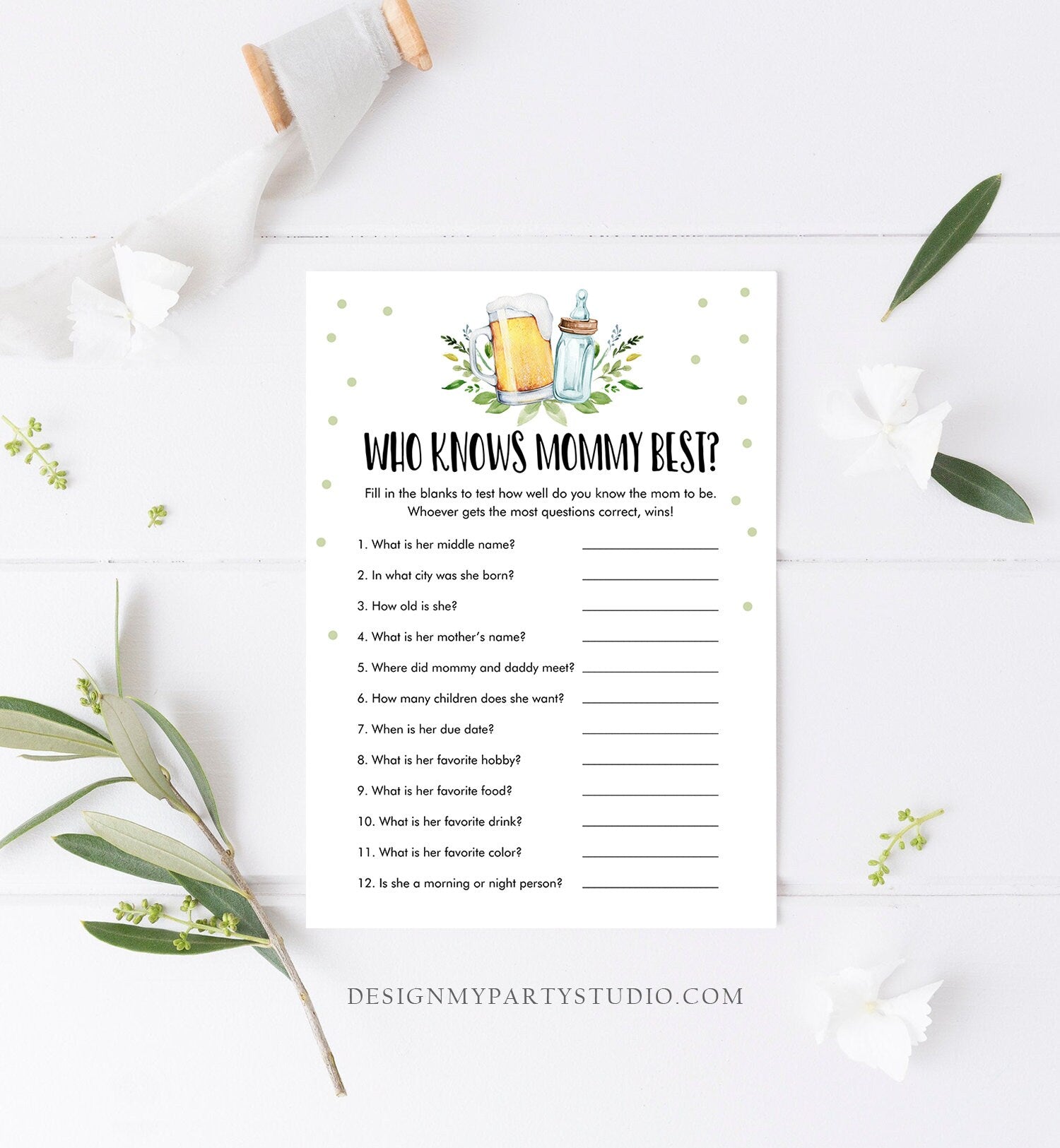 Editable Who Knows Mommy Best Baby Shower Game Greenery Baby is Brewing Shower Activity Neutral Beer Bottle Corjl Template Printable 0190