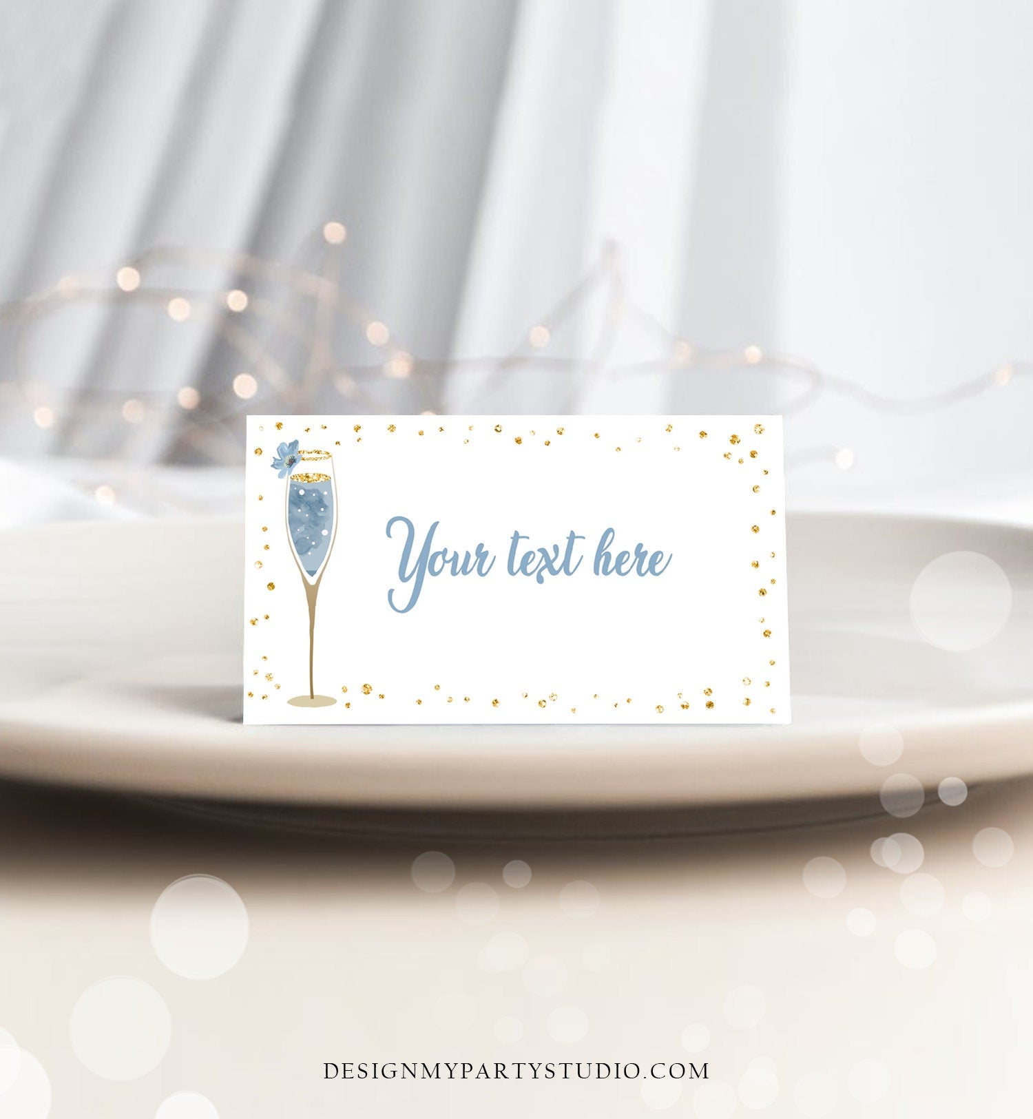 Editable Bubbly Food Labels Brunch and Bubbly Bridal Shower Place Card Tent Buffet Card Blue Gold Birthday Decor Template Printable 0150