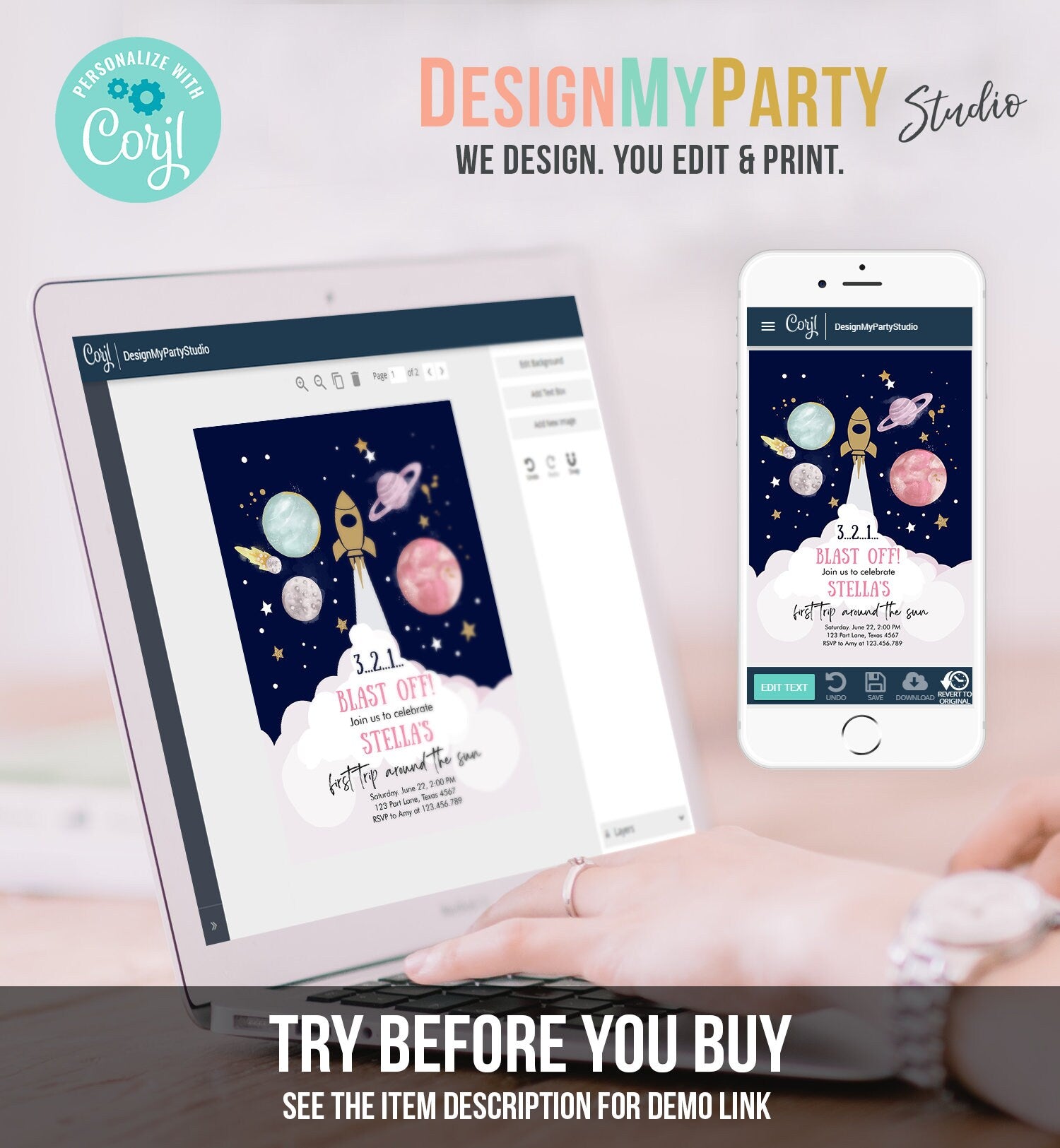 Editable Outer Space Girl First Birthday Invitation Galaxy Blast Off First Trip Around the Sun Pink Digital Evite Template Printable 0357