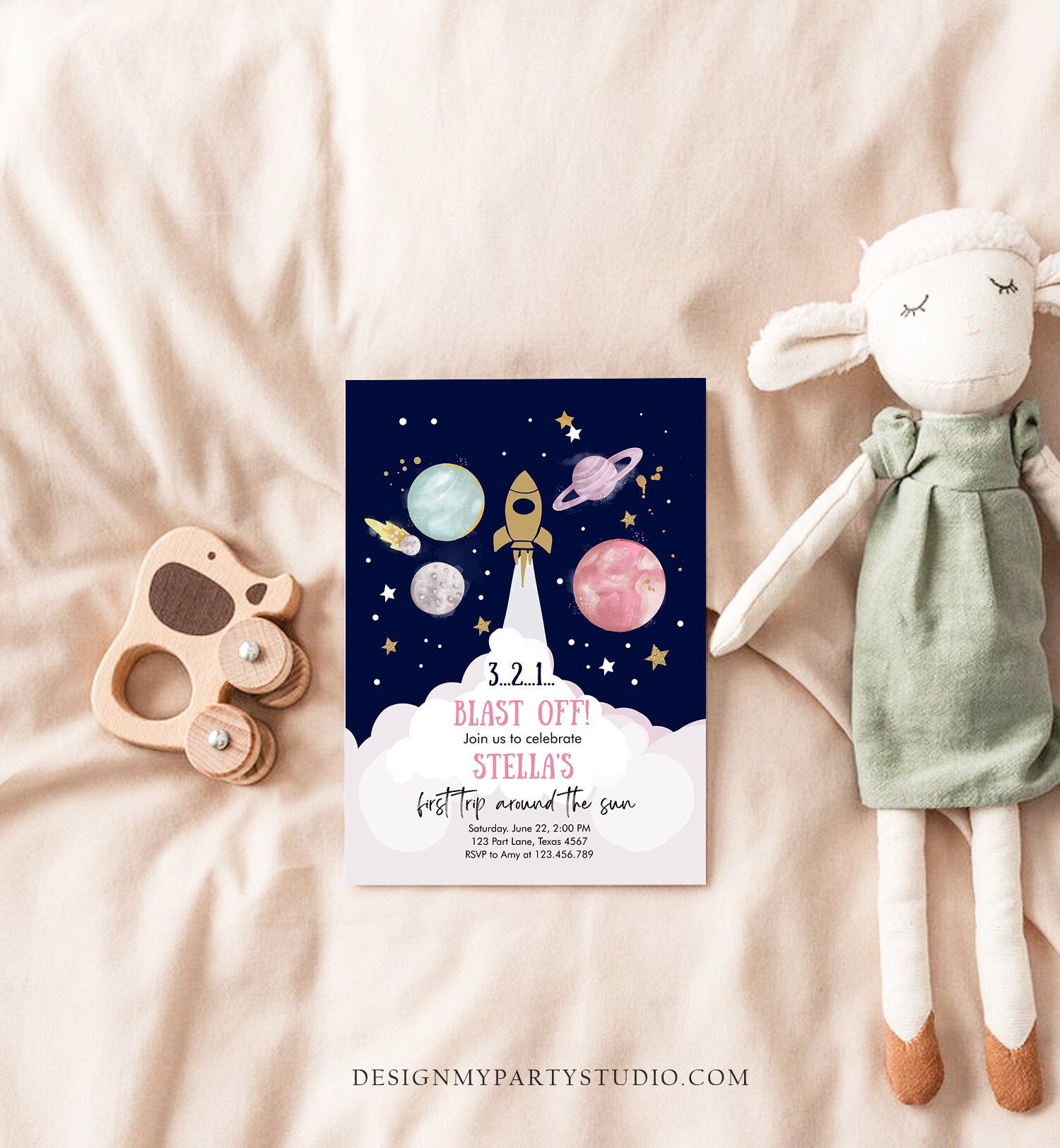Editable Outer Space Girl First Birthday Invitation Galaxy Blast Off First Trip Around the Sun Pink Digital Evite Template Printable 0357