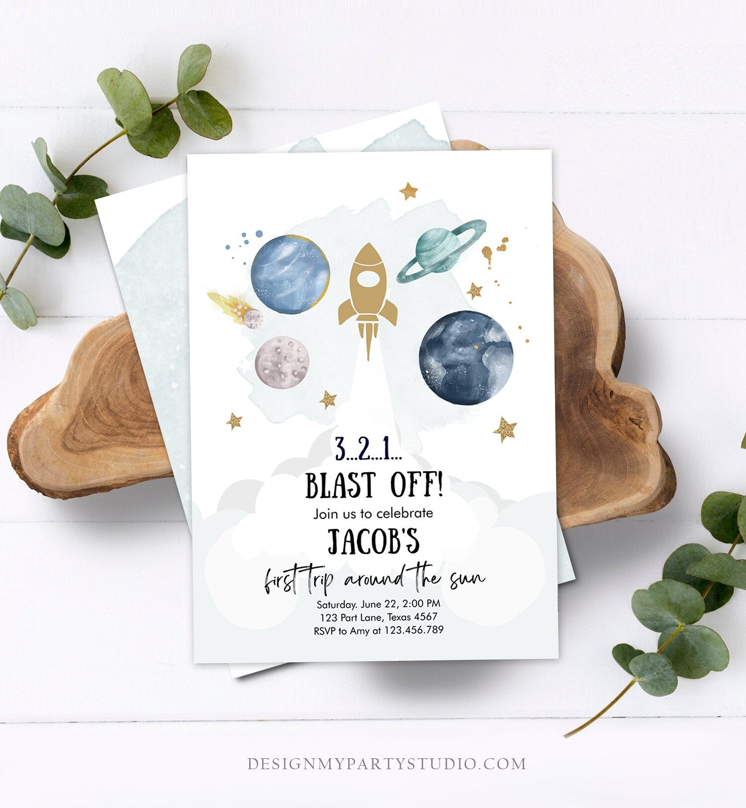 Editable Outer Space First Birthday Invitation Galaxy Blast Off First Trip Around the Sun Digital Download Evite Template Printable 0357
