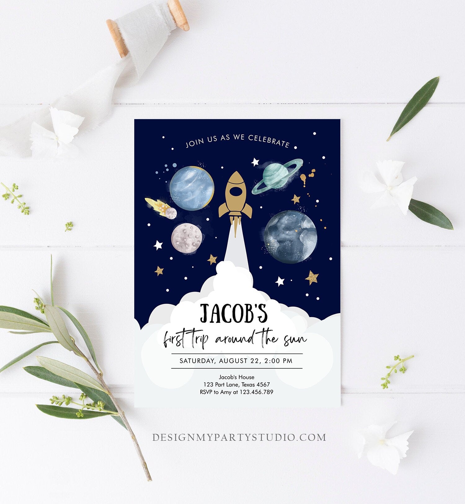 Editable Outer Space First Birthday Invitation Galaxy Blast Off First Trip Around the Sun Digital Download Evite Template Printable 0357