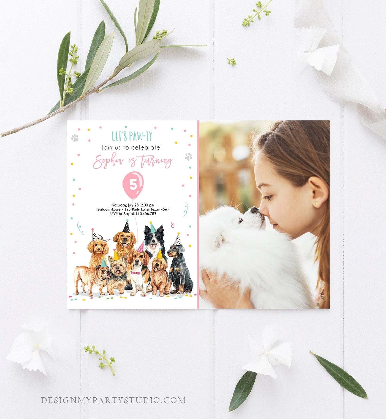 Editable Puppy Birthday Invitation Dogs Birthday Party Invite Pink Girl Watercolor Let's Pawty Dog Digital Download Template Printable 0384