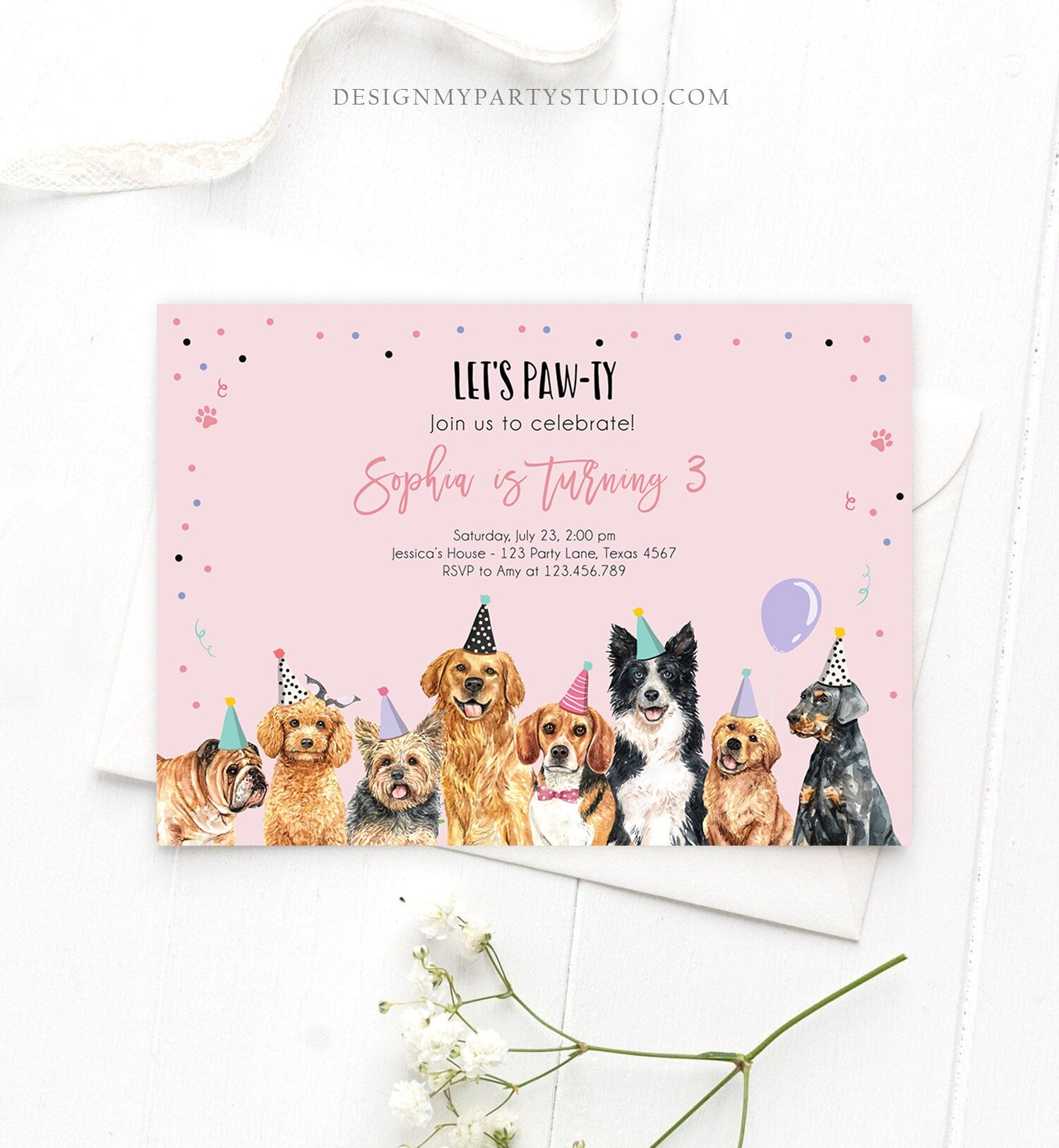 Editable Puppy Birthday Invitation Dogs Birthday Party Invite Pink Girl Watercolor Let's Pawty Dog Digital Download Template Printable 0384
