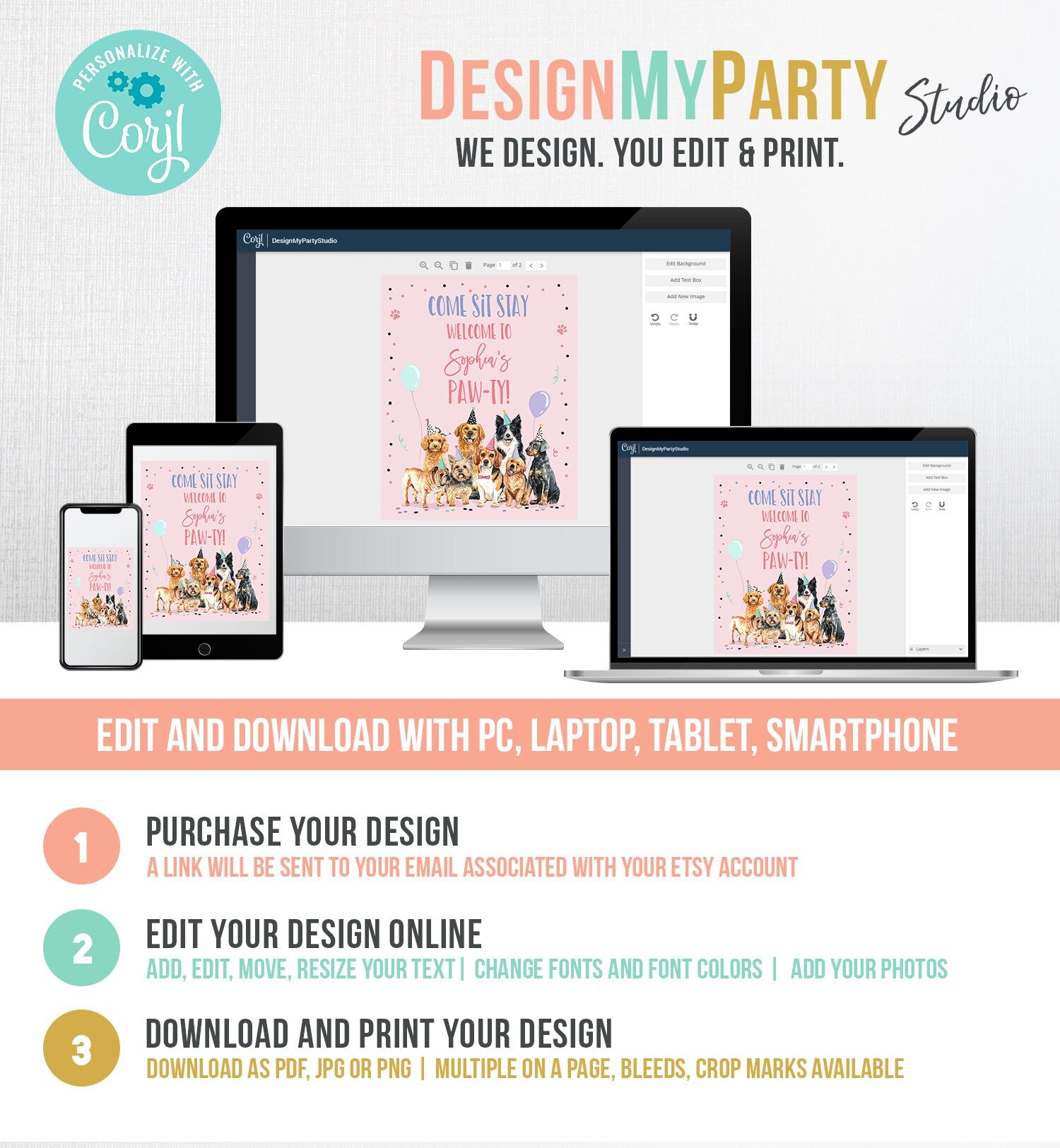 Editable Puppy Dog Birthday Party Welcome Sign Puppy Pink Pet Dog Birthday Come Sit Stay Paw-ty Girl Digital Template Printable 0384