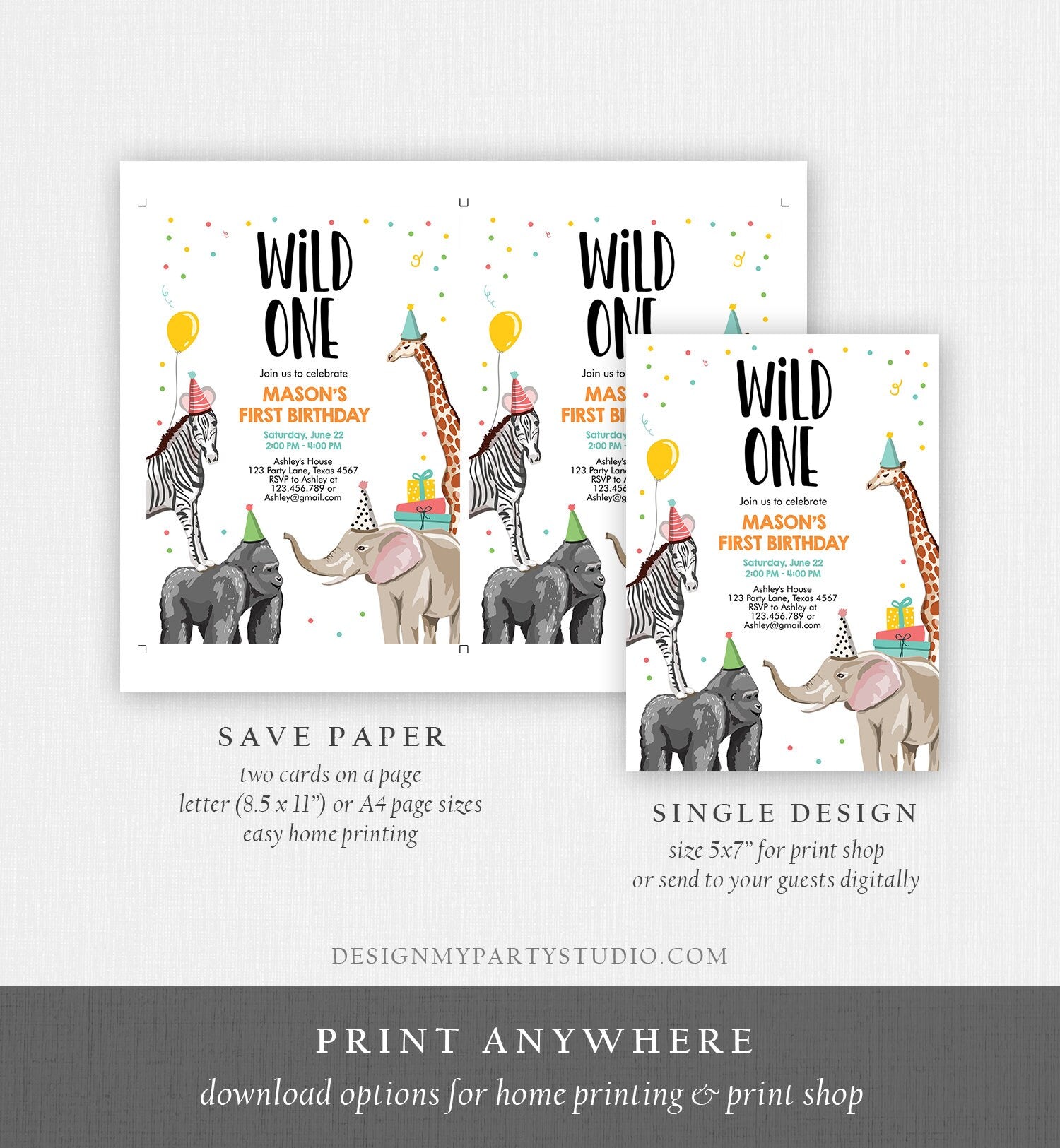 Editable Party Animals Birthday Invitation Wild One Animals Invitation 1st Zoo Safari Animals Boy Download Printable Template Corjl 0142