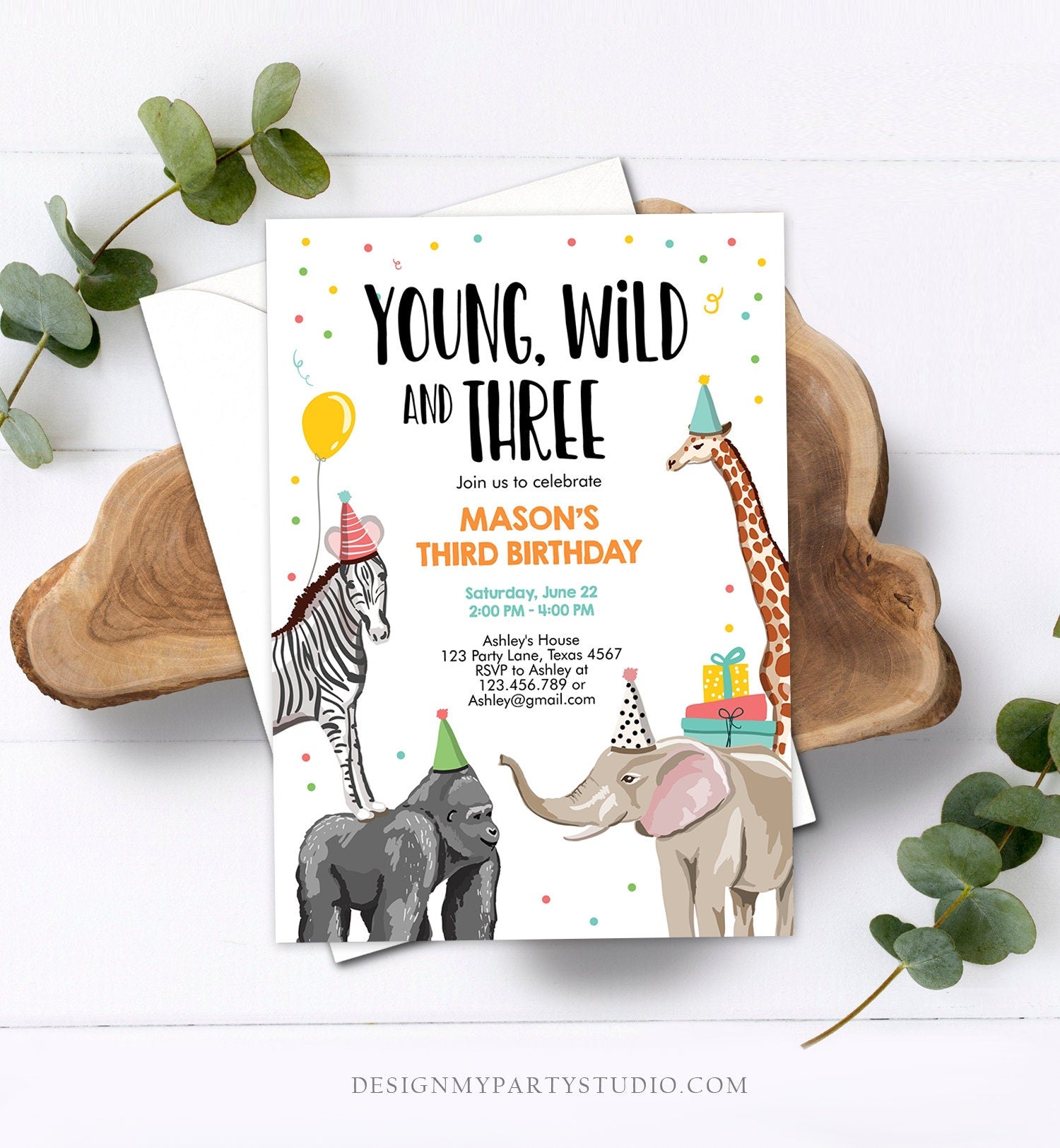 Editable Young Wild and Three Birthday Invitation Animals Invite Party Jungle Safari Boy 3rd Three Download Printable Template Corjl 0142