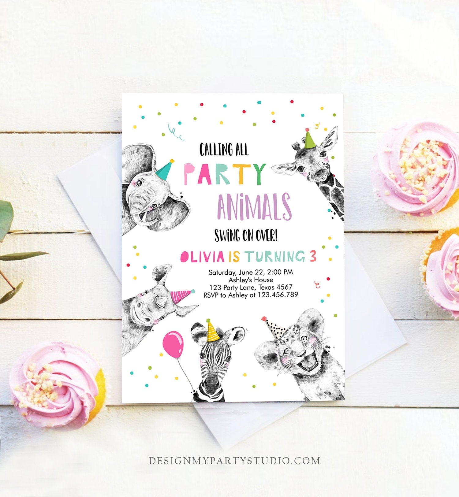 Editable Party Animals Birthday Invitation Wild One Animals Invitation Zoo Safari Animals Girl Download Printable Invite Template Corjl 0390