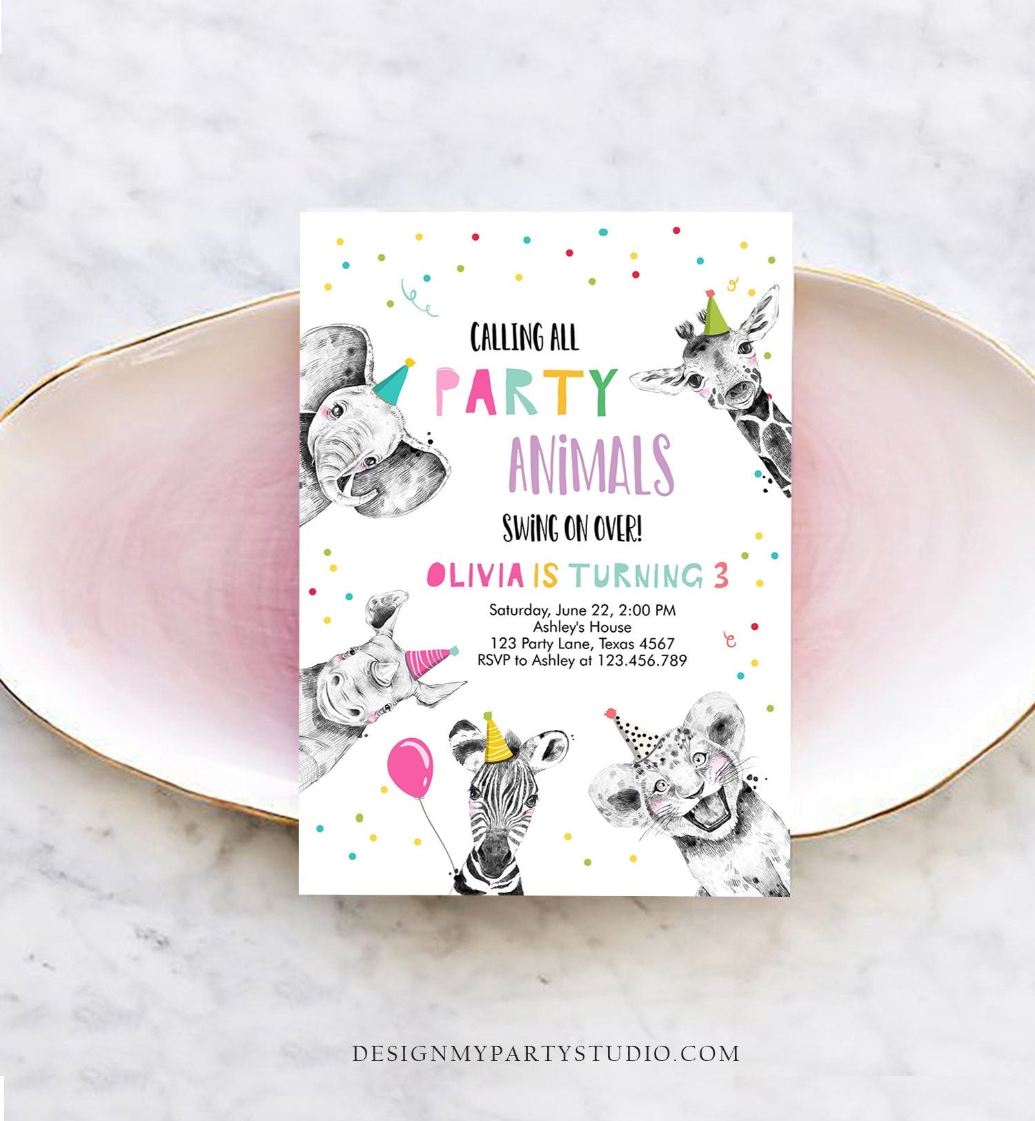Editable Party Animals Birthday Invitation Wild One Animals Invitation Zoo Safari Animals Girl Download Printable Invite Template Corjl 0390