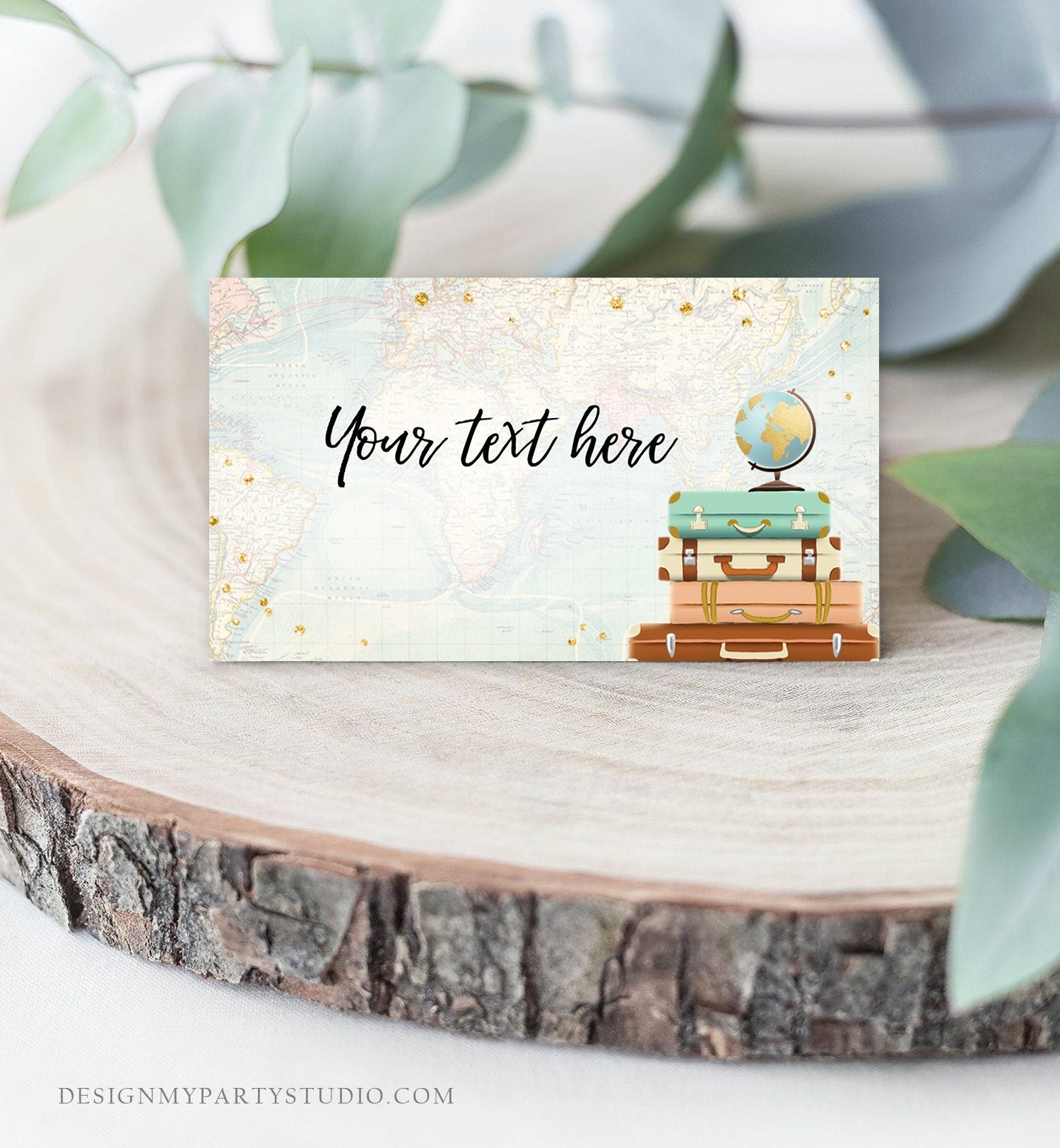 Editable Travel Adventure Food Labels Place Card Tent Card Escort Card Bridal Shower Suitcases Gold Confetti Digital Template Printable 0263