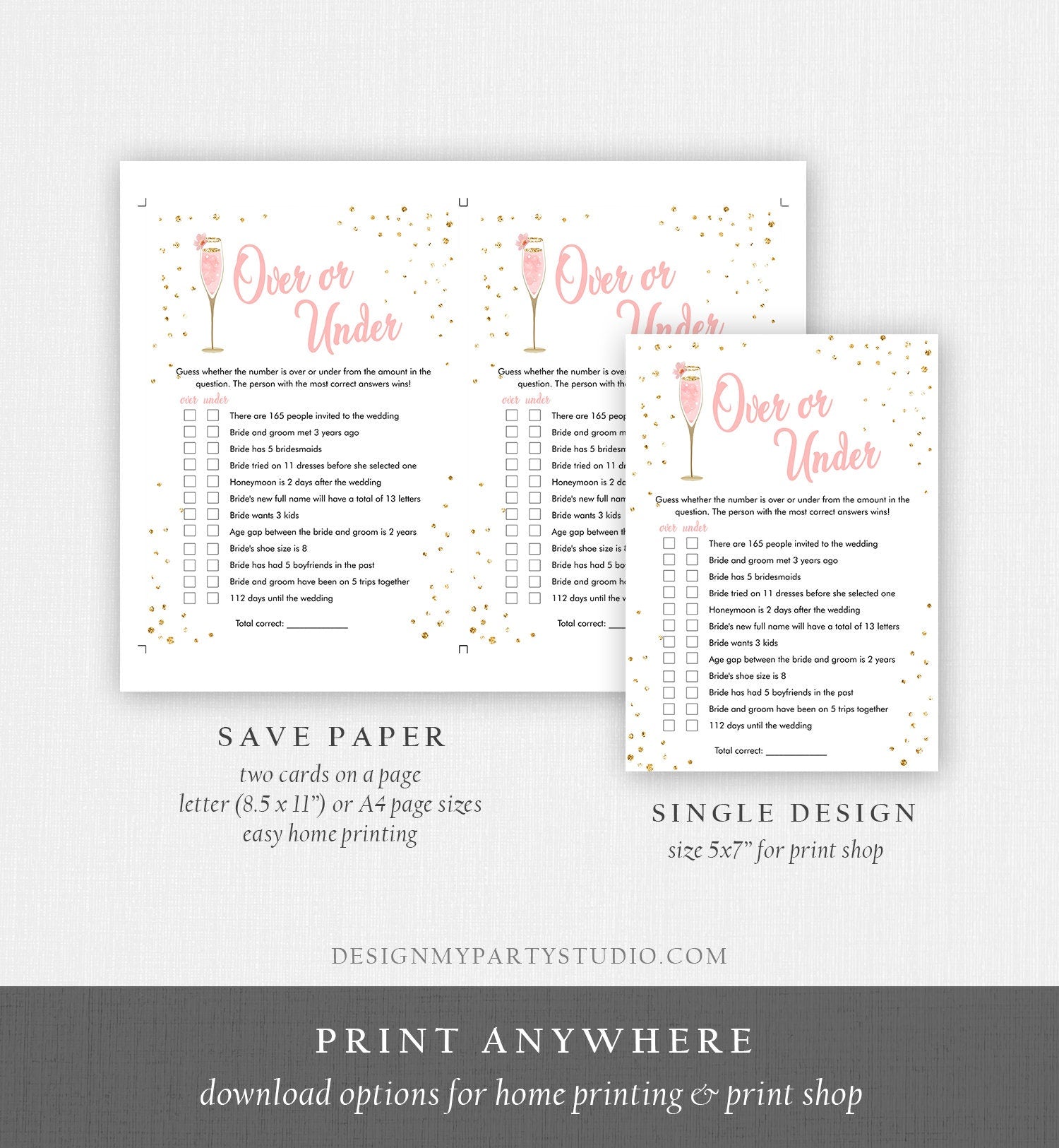 Editable Over or Under Bridal Shower Game Brunch and Bubbly More or Less Guess Wedding Shower Activity Gold Corjl Template Printable 0150