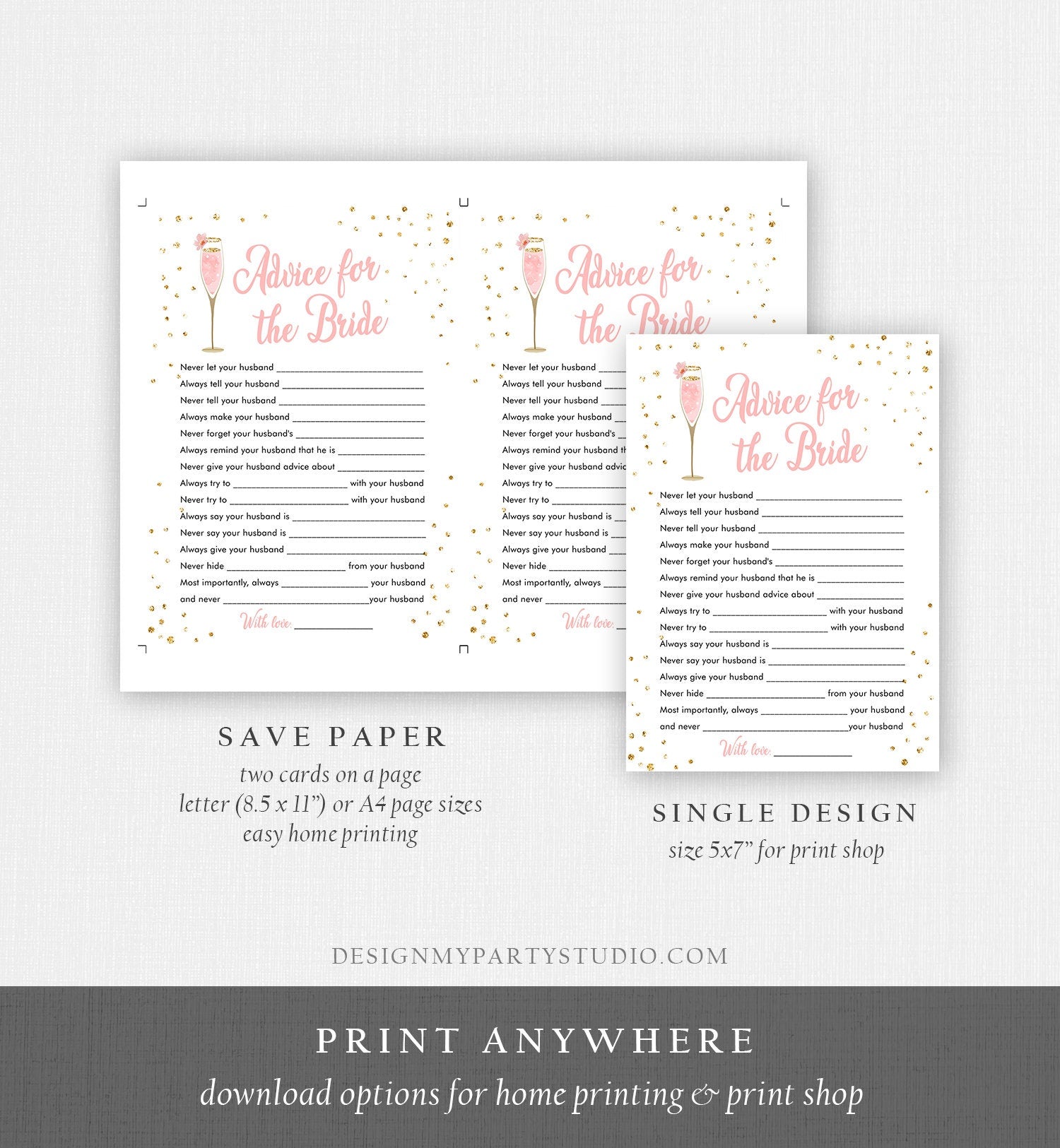 Editable Advice for the Bride to Be Brunch and Bubbly Bridal Shower Game Words of Wisdom Champagne Pink Floral Corjl Template Printable 0150