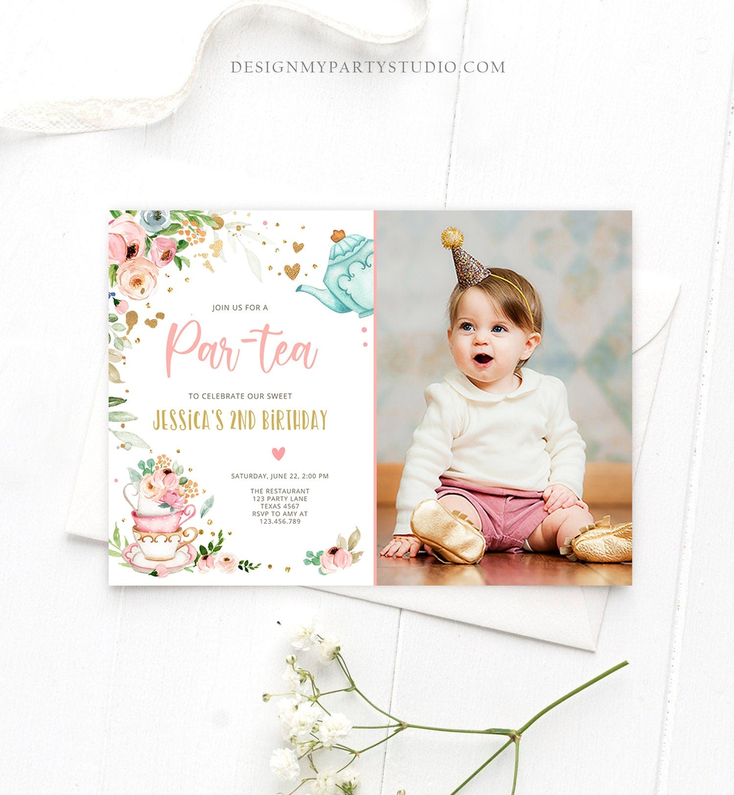Editable Tea Party Birthday Invitation Par-Tea Birthday Invite Pink and Gold Floral Whimsical Download Printable Template Corjl Digital 0349