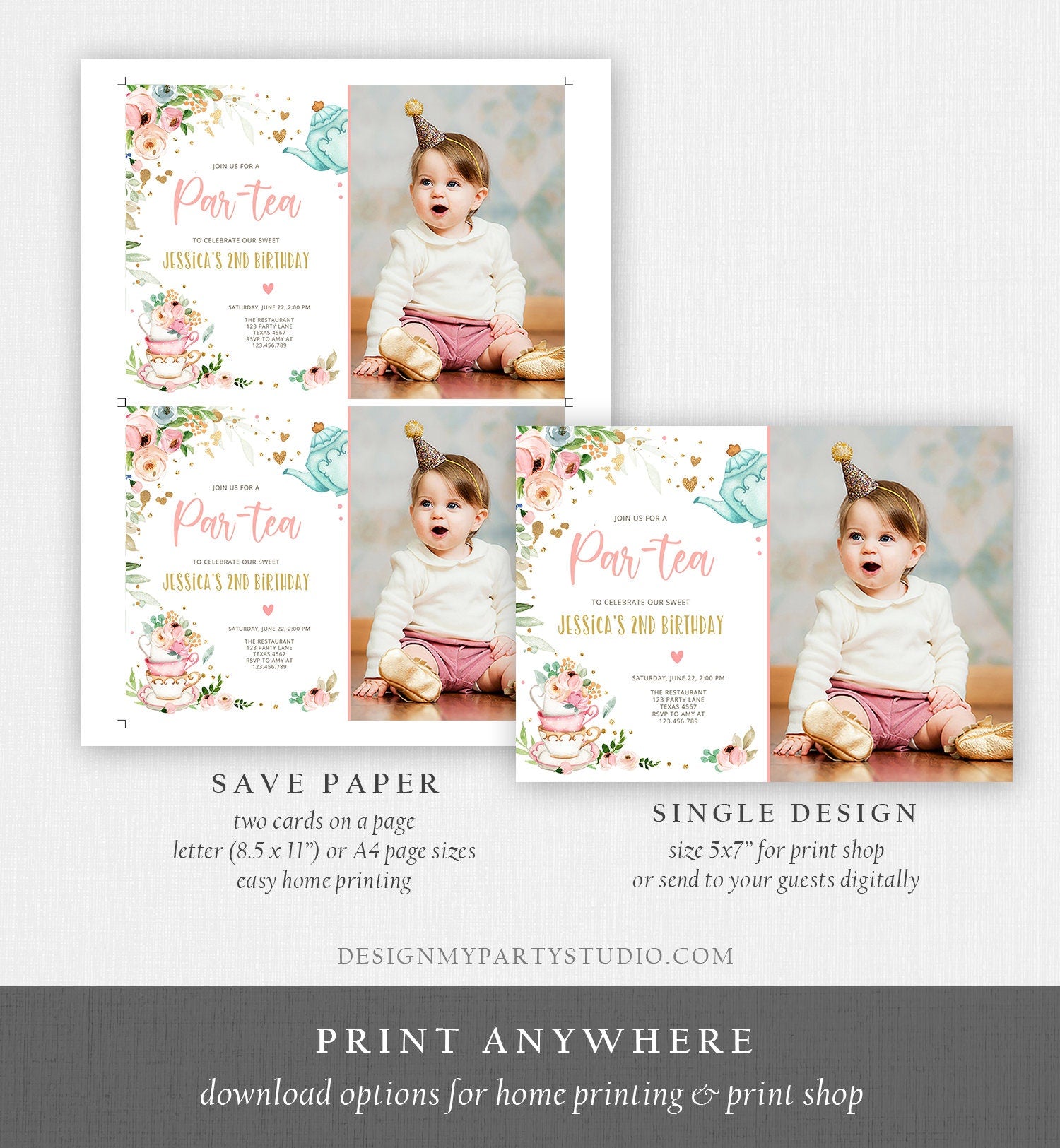 Editable Tea Party Birthday Invitation Par-Tea Birthday Invite Pink and Gold Floral Whimsical Download Printable Template Corjl Digital 0349