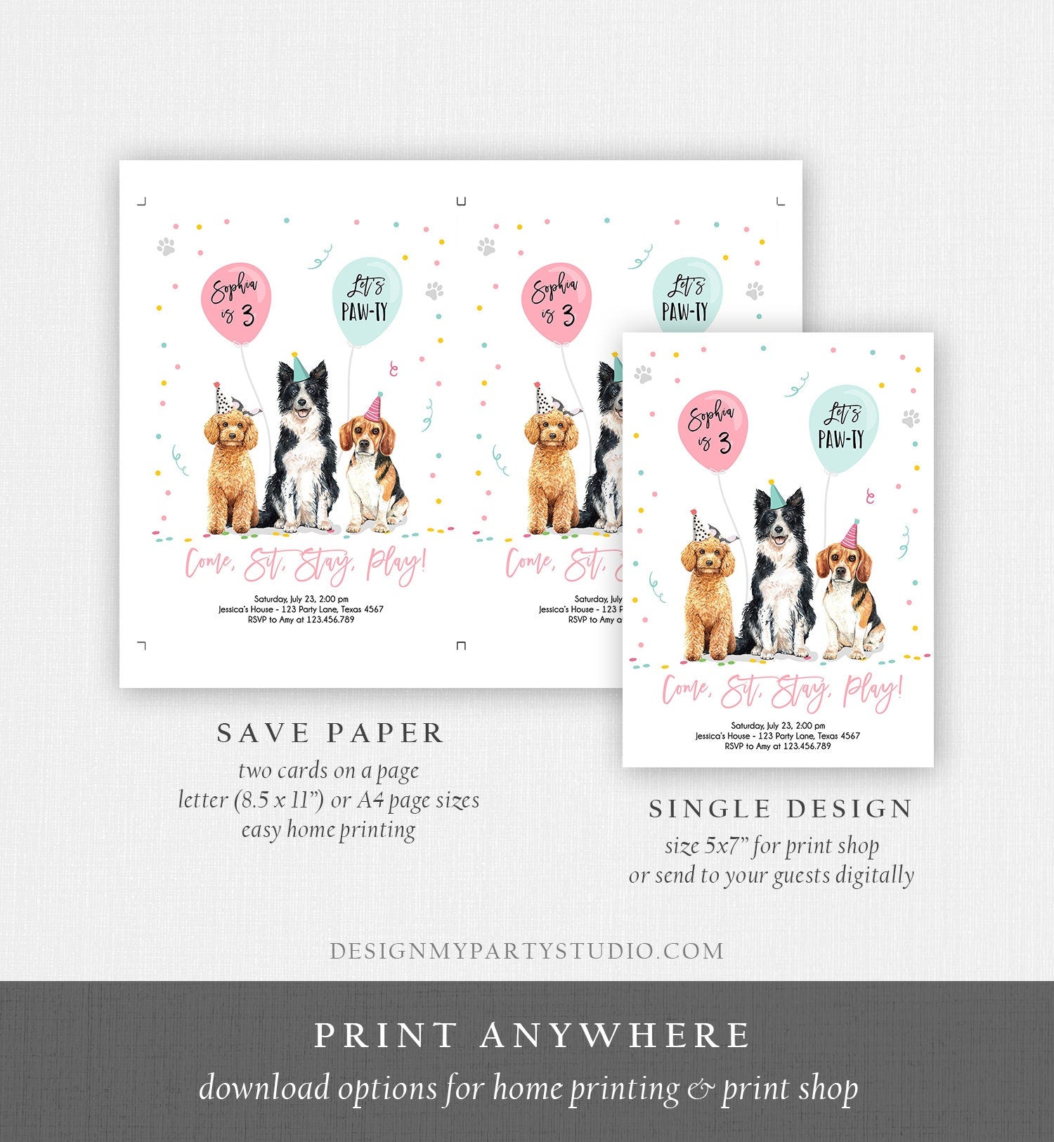 Editable Dog Birthday Party Invitation Puppy Birthday Invite Pink Girl Doggy Shelter Animal Pet Vet Digital Download Template Printable 0384