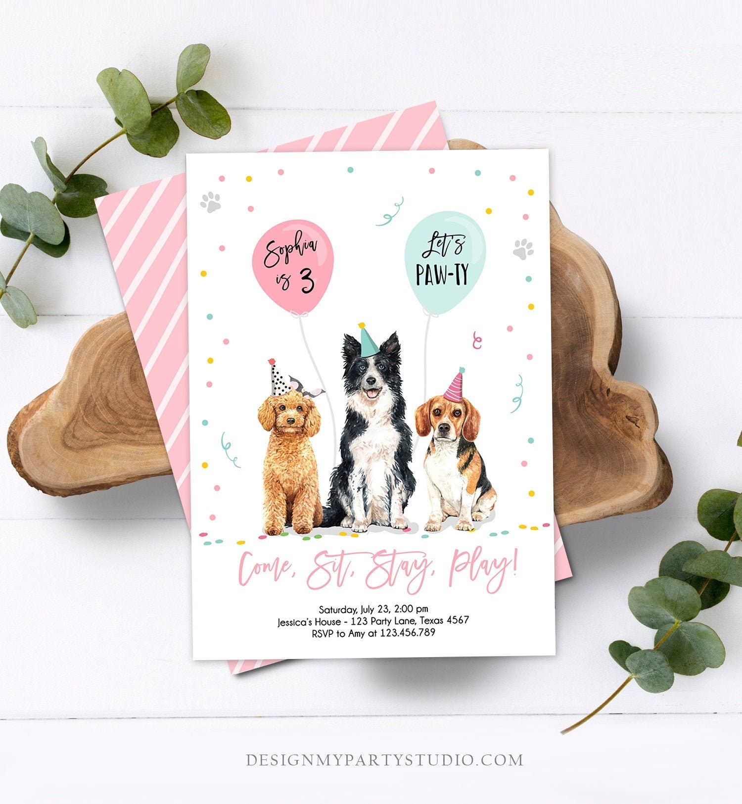 Editable Dog Birthday Party Invitation Puppy Birthday Invite Pink Girl Doggy Shelter Animal Pet Vet Digital Download Template Printable 0384