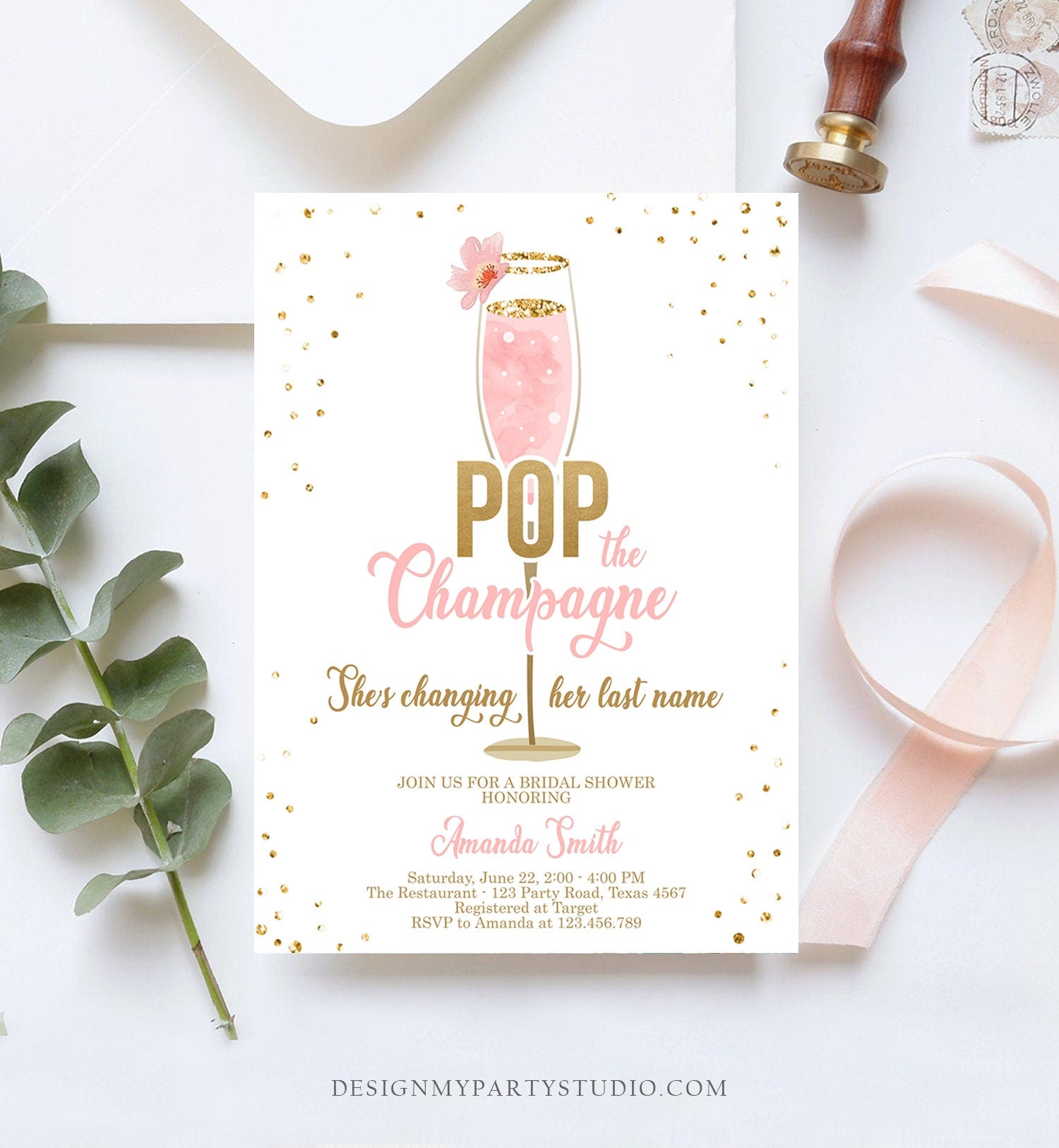 Editable Pop the Champagne Bridal Shower Invitation Shes Changing her Last Name Pink Engagement Party Download Evite Template Printable 0150