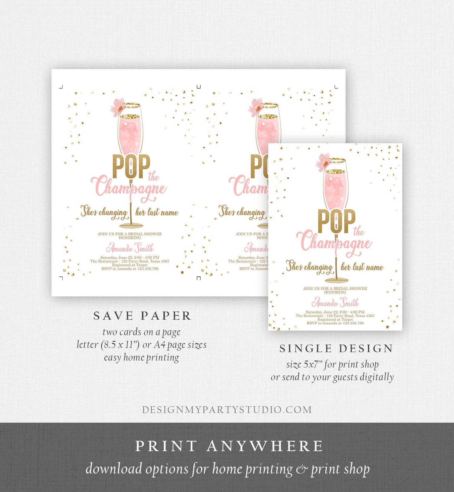 Editable Pop the Champagne Bridal Shower Invitation Shes Changing her Last Name Pink Engagement Party Download Evite Template Printable 0150