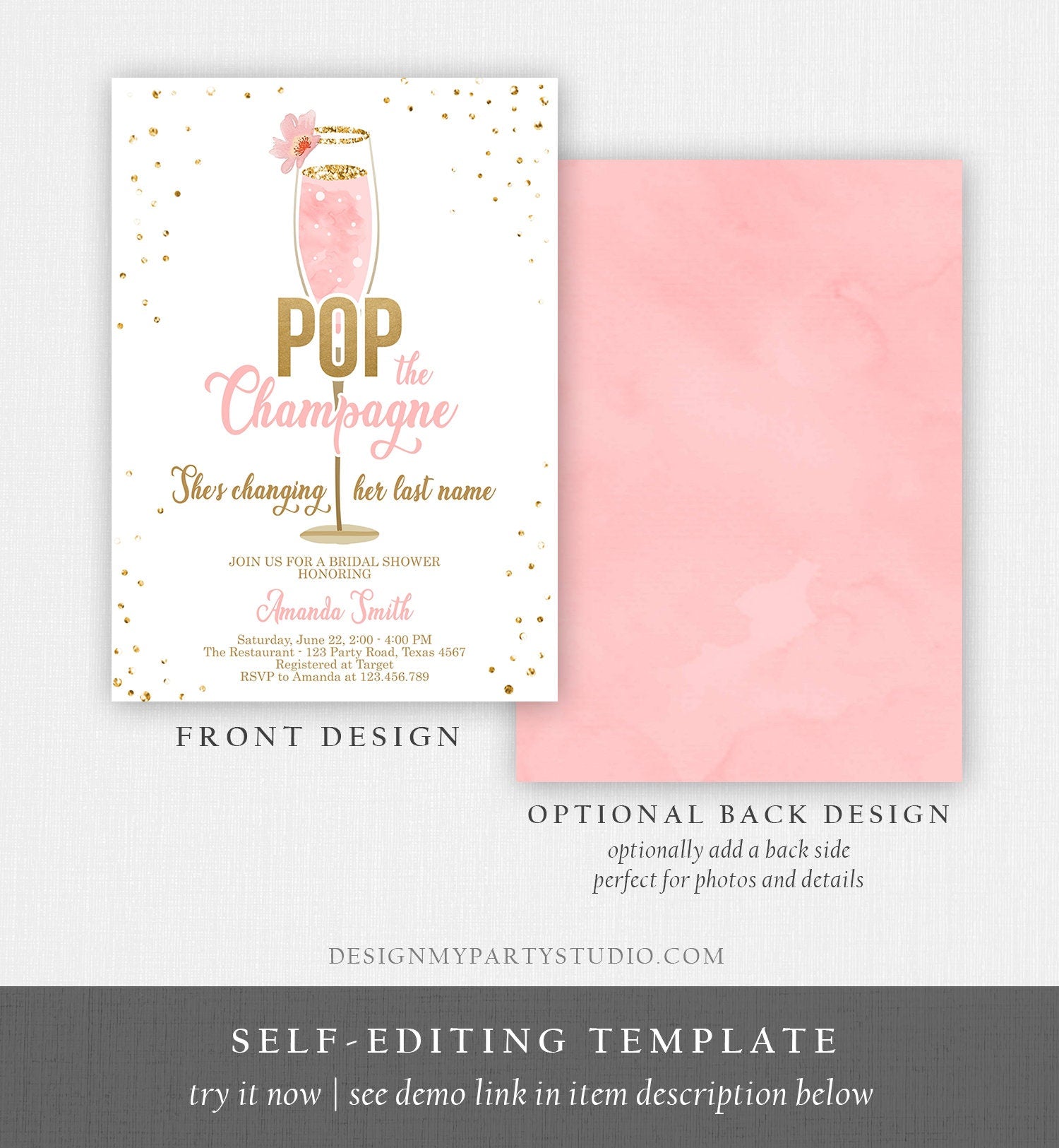 Editable Pop the Champagne Bridal Shower Invitation Shes Changing her Last Name Pink Engagement Party Download Evite Template Printable 0150