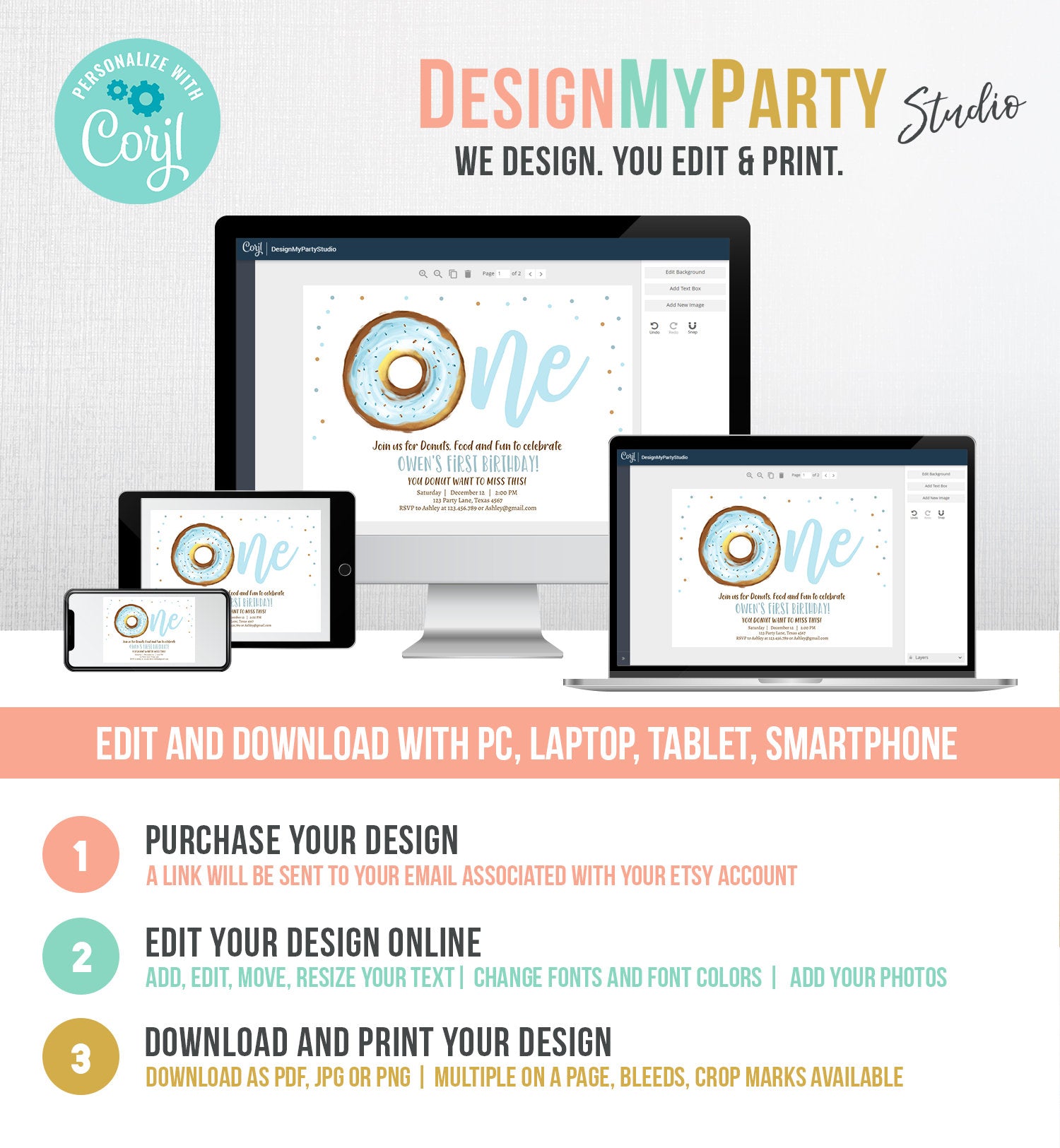 Editable Donut 1st Birthday Invitation Donut Birthday Invite Blue Donut Sweet Boy Boys First Birthday Download Printable Template Corjl 0368