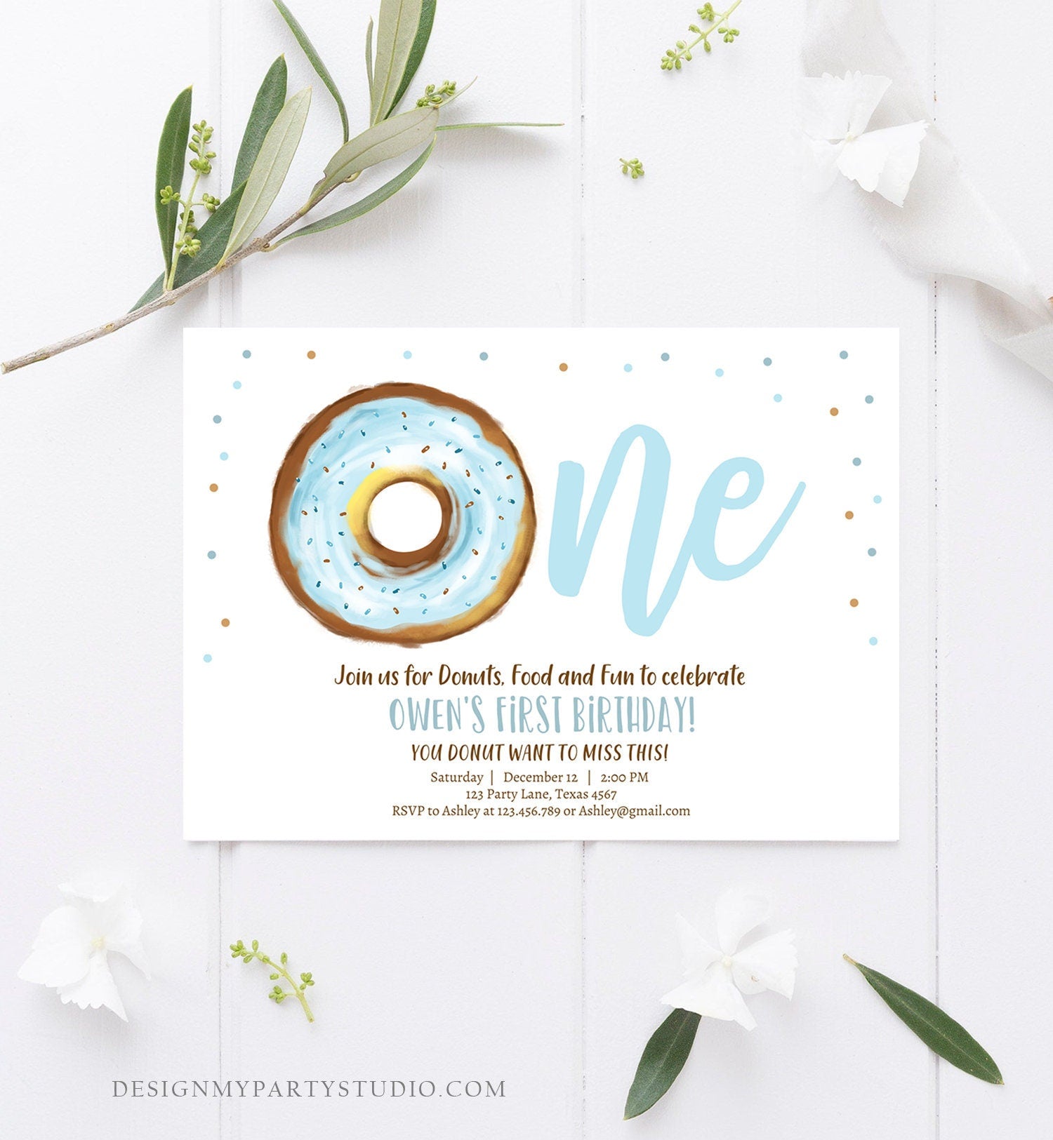 Editable Donut 1st Birthday Invitation Donut Birthday Invite Blue Donut Sweet Boy Boys First Birthday Download Printable Template Corjl 0368