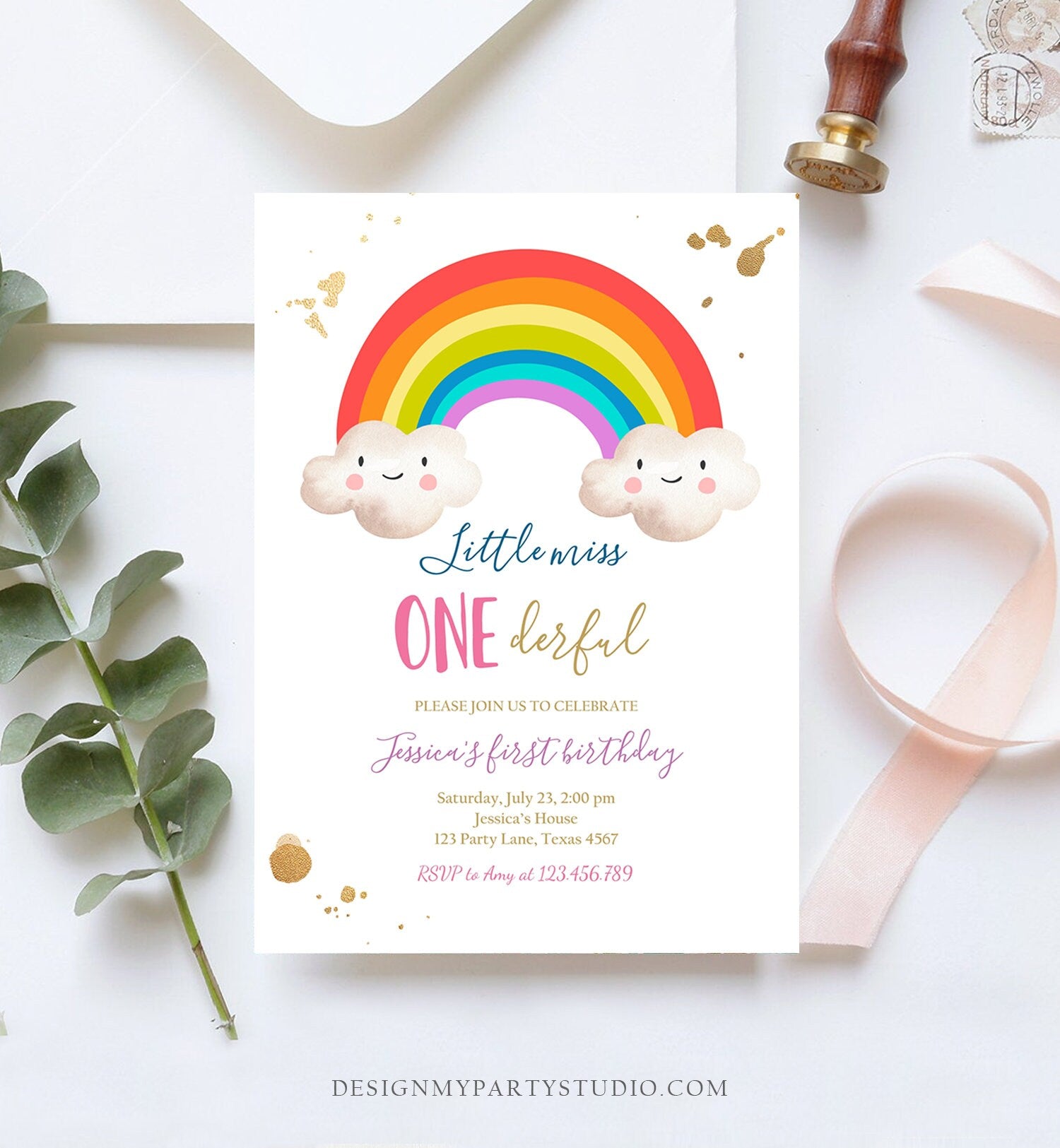 Editable Rainbow Birthday Invitation Little Miss Onederful Rainbow Colors First Birthday 1st Girl Printable Corjl Template Digital