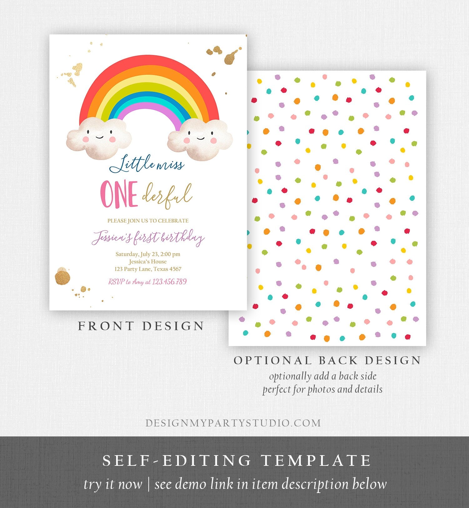 Editable Rainbow Birthday Invitation Little Miss Onederful Rainbow Colors First Birthday 1st Girl Printable Corjl Template Digital