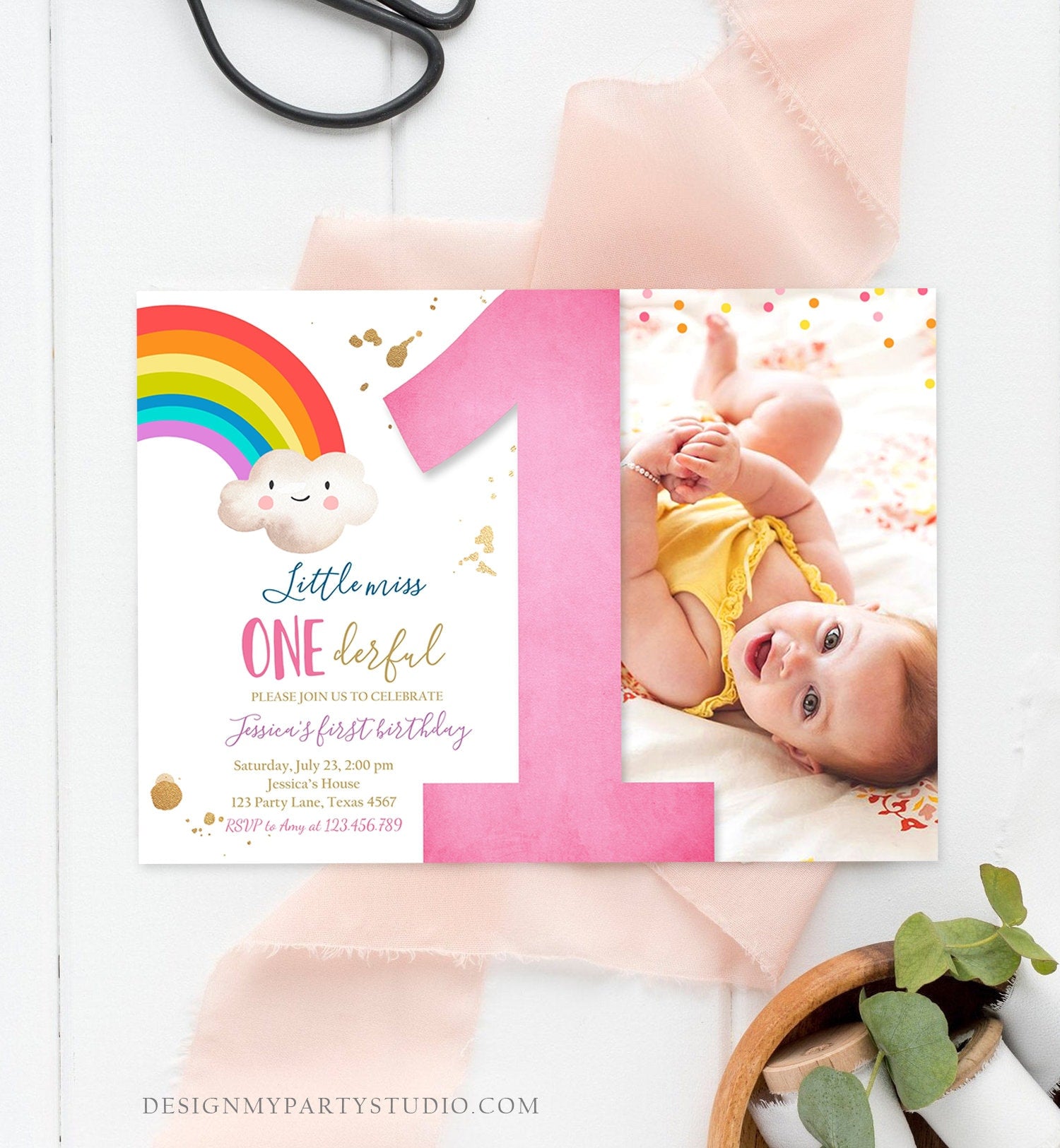 Editable Rainbow 1st Birthday Invitation Little Miss Onederful Rainbow Colors First 1st Girl Colorful Digital Download Template Printable