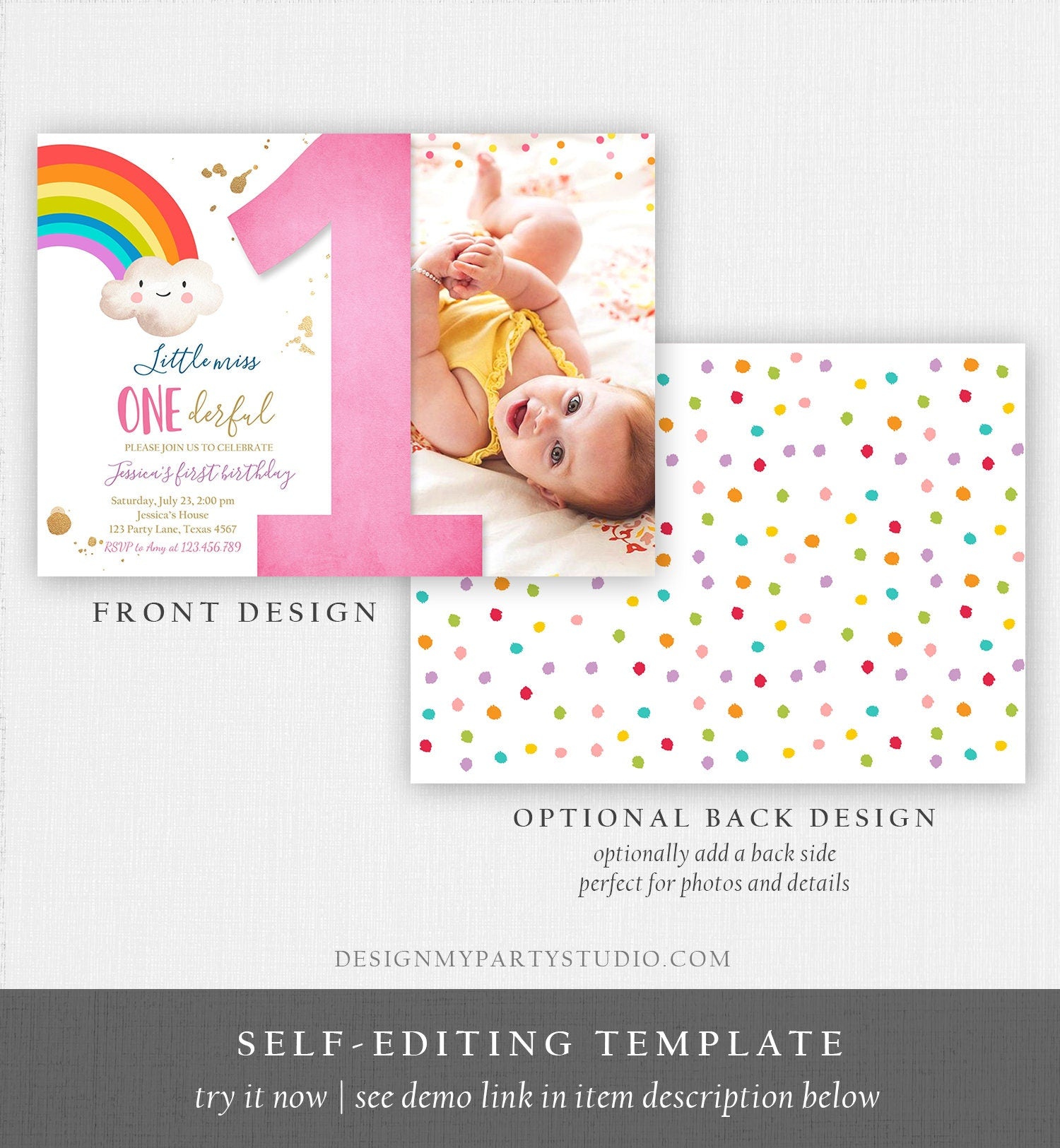 Editable Rainbow 1st Birthday Invitation Little Miss Onederful Rainbow Colors First 1st Girl Colorful Digital Download Template Printable