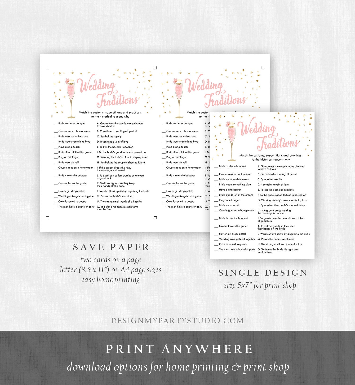 Editable Wedding Traditions Bridal Shower Game Guessing Tradition Brunch and Bubbly Wedding Shower Activity Corjl Template Printable 0150