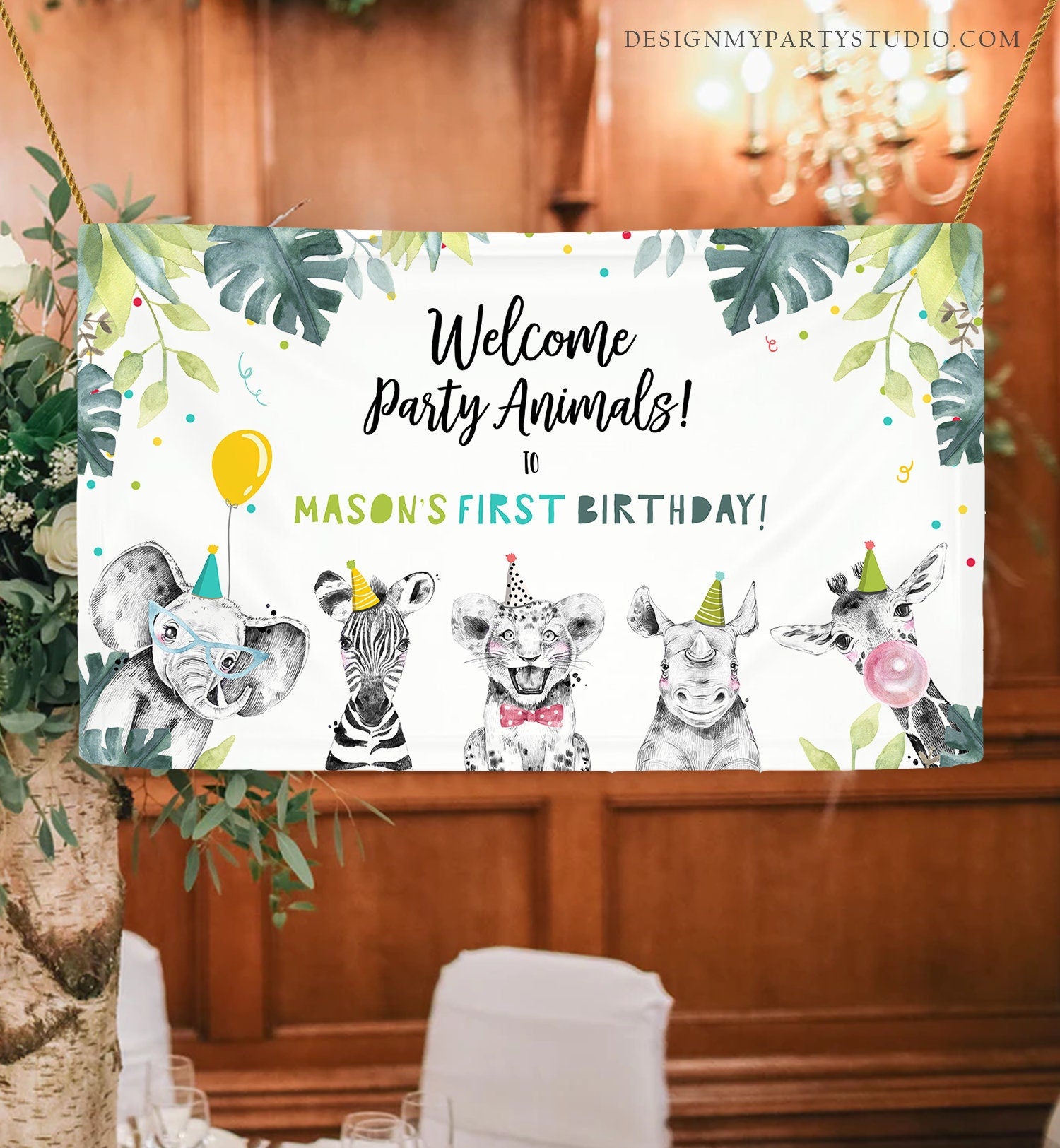 Editable Party Animals Birthday Backdrop Banner Welcome Safari Animals Boy First Birthday Sign Digital Download Template Printable 0322