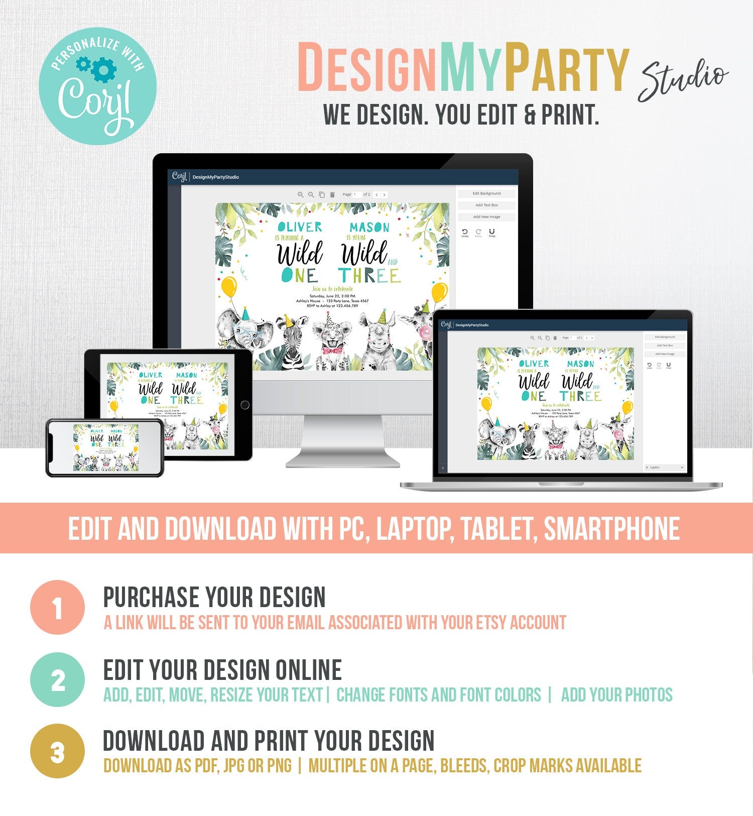 Editable Wild One Young Wild and Three Birthday Invitation Party Animals Boy First Third Birthday Safari Coed Joint Template Printable 0322