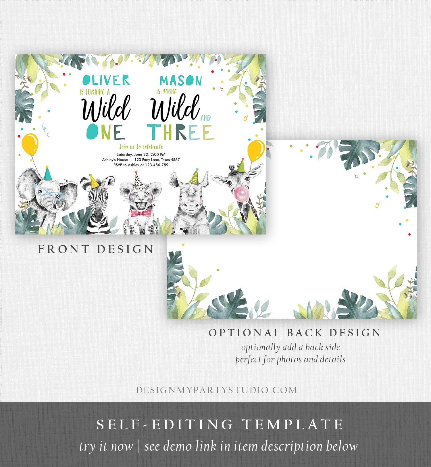 Editable Wild One Young Wild and Three Birthday Invitation Party Animals Boy First Third Birthday Safari Coed Joint Template Printable 0322