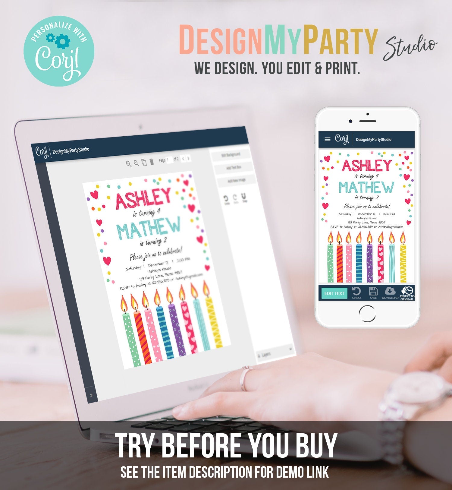 Editable Valentine Twin Birthday Invitation Twins Joint Confetti Hearts Siblings Party Boy Girl Digital Corjl Template Printable 0277