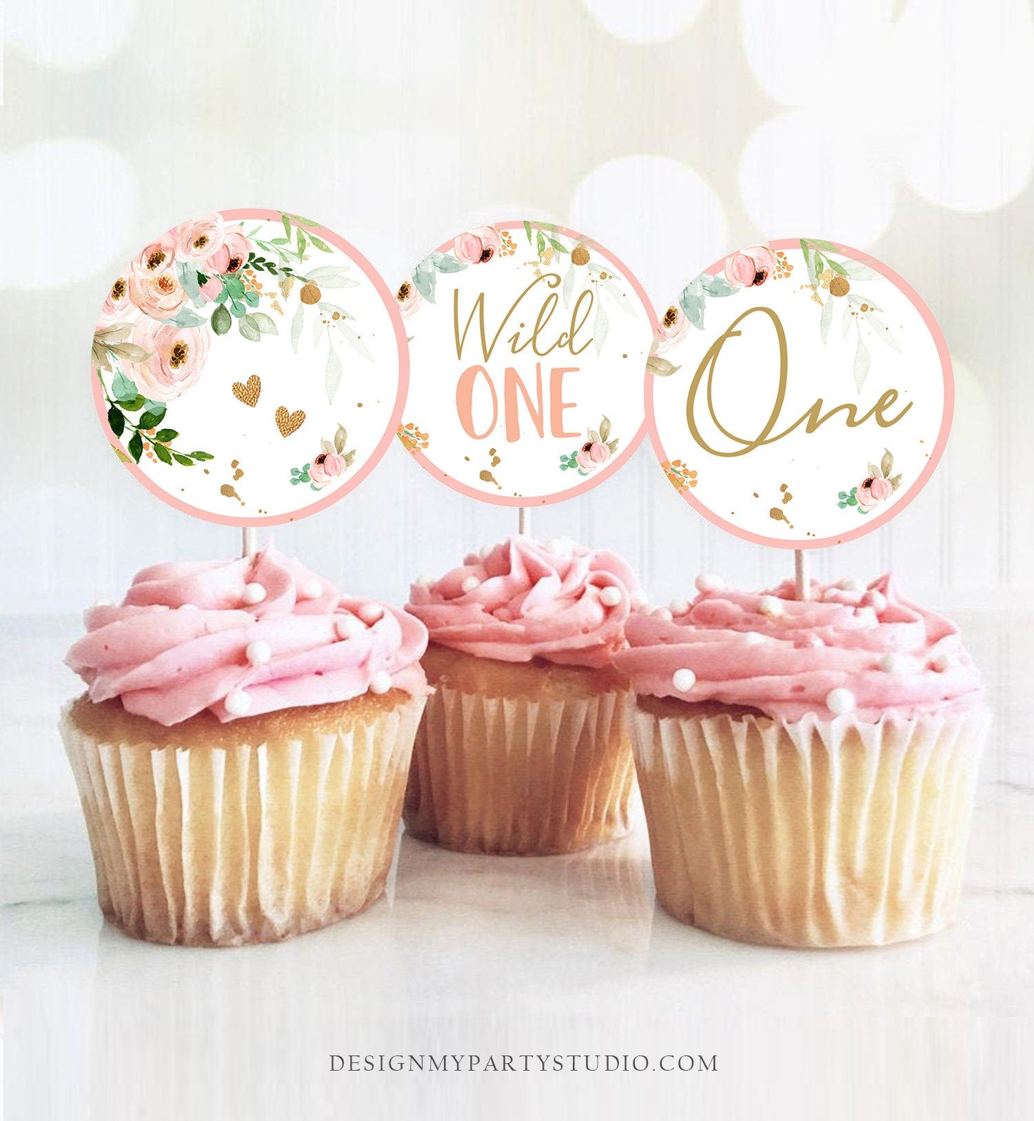 Wild One Birthday Cupcake Toppers Favor Gift Tag Girl First Birthday Party 1st One Decor Floral Pink Gold Digital Download Printable 0147