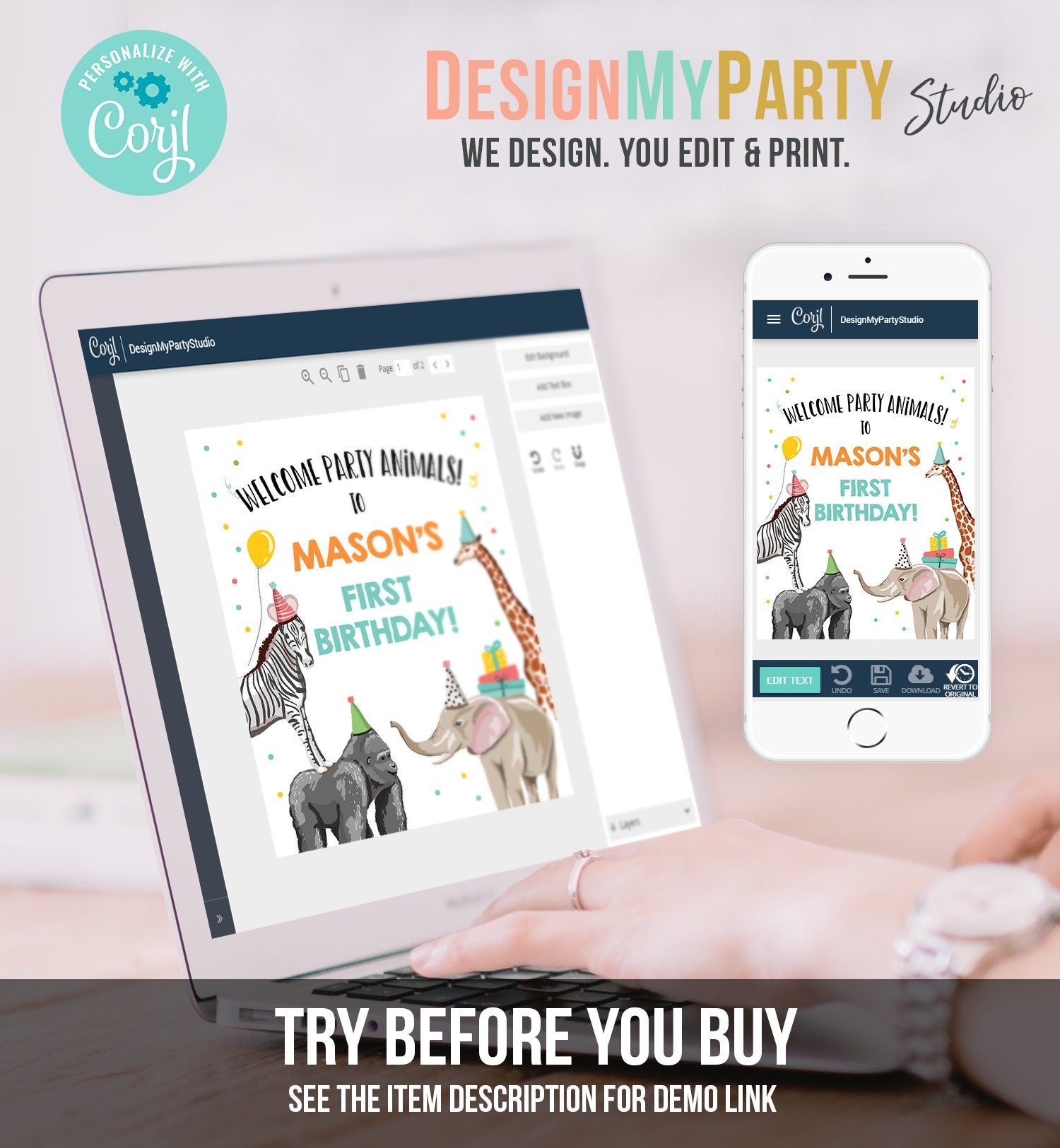 Editable Party Animals Welcome Sign Party Animal Sign Zoo Safari Welcome Jungle Sign Birthday Animals Boy Template PRINTABLE Corjl 0142