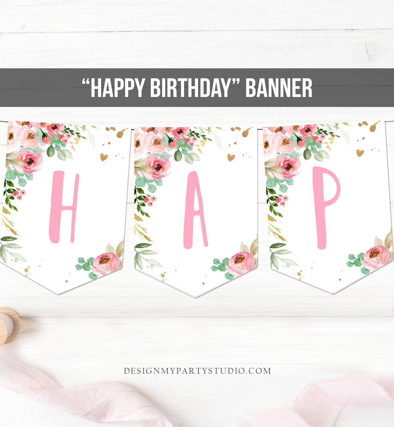 Happy Birthday Banner Floral Birthday Banner Girl Miss Onederful Birthday Decor Wild One Pink Gold Download PRINTABLE DIGITAL DIY 0147