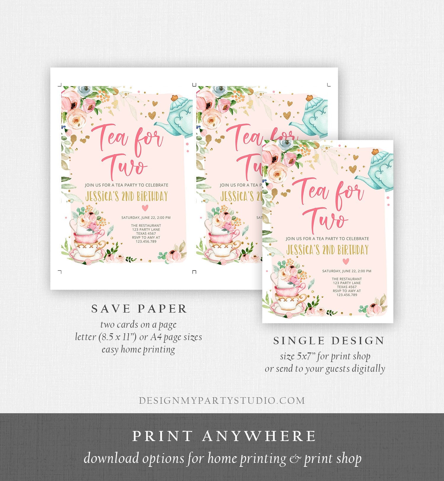 Editable Tea for Two Birthday Invitation Girl Tea Party Invite Pink Gold Floral Peach Pink Digital Download Evite Template Printable 0349