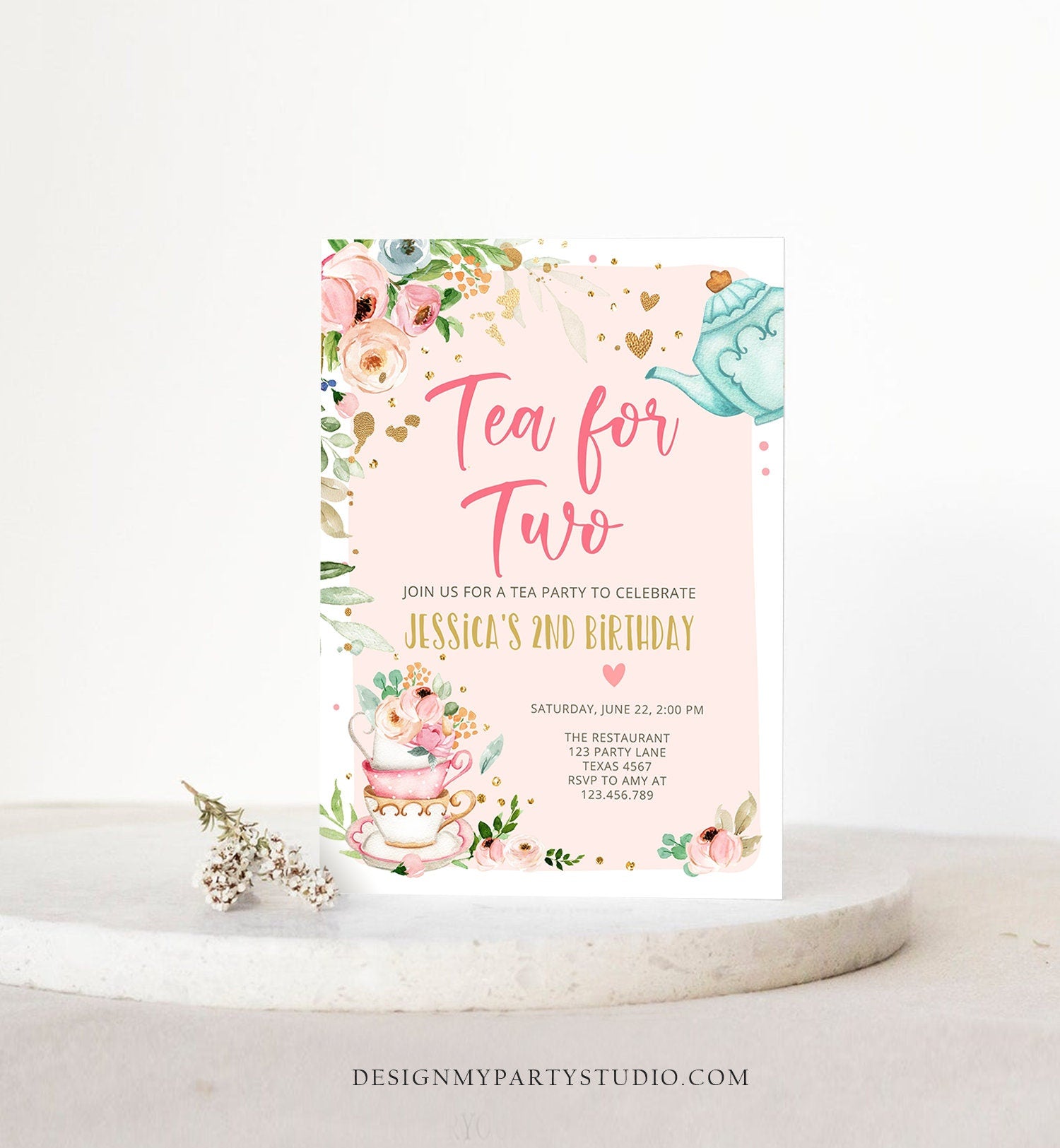 Editable Tea for Two Birthday Invitation Girl Tea Party Invite Pink Gold Floral Peach Pink Digital Download Evite Template Printable 0349