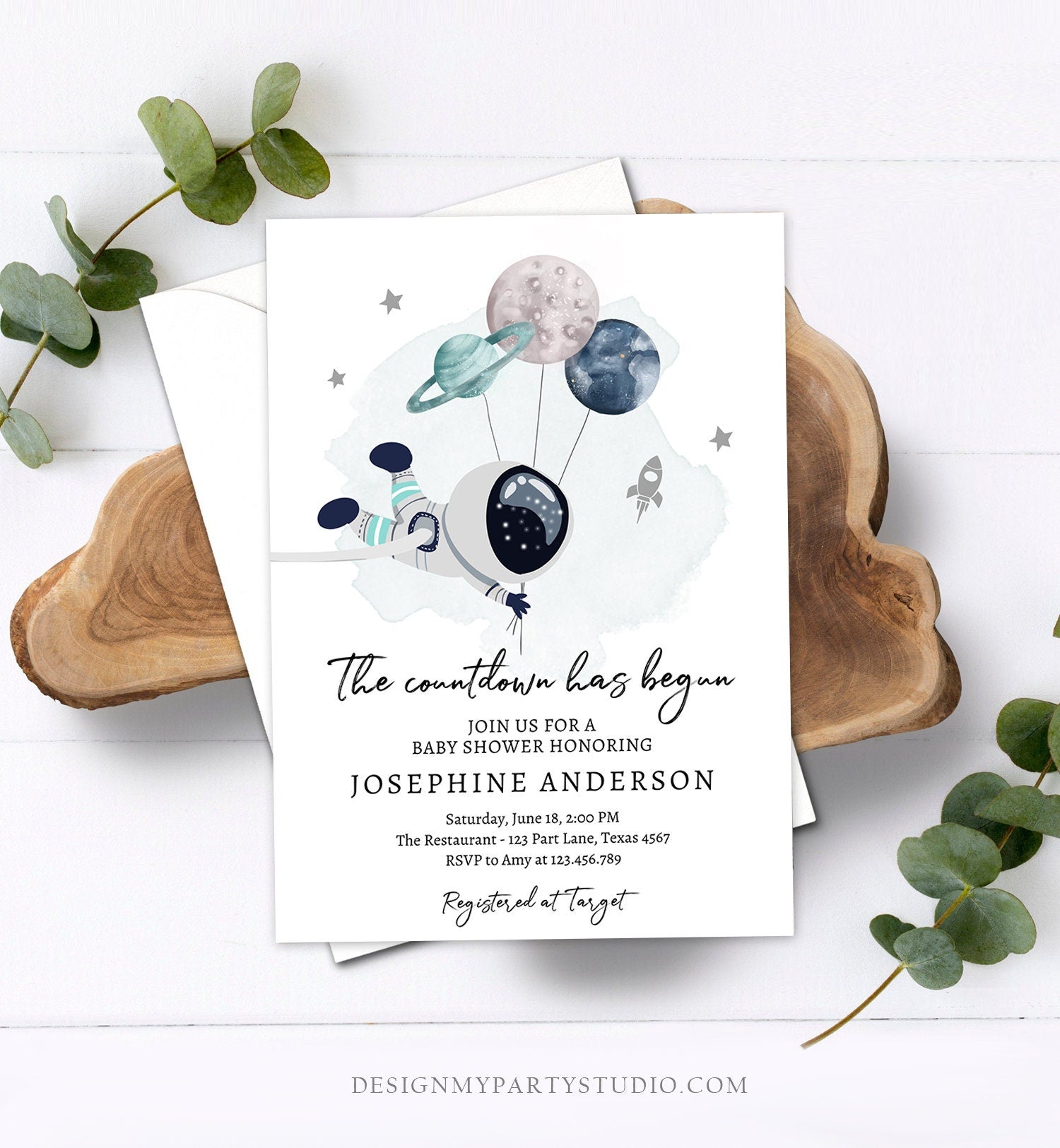 Editable Space Baby Shower Invitation Galaxy Outer Space It's a Boy Blue Planets Moon Countdown Download Evite Template Printable 0366