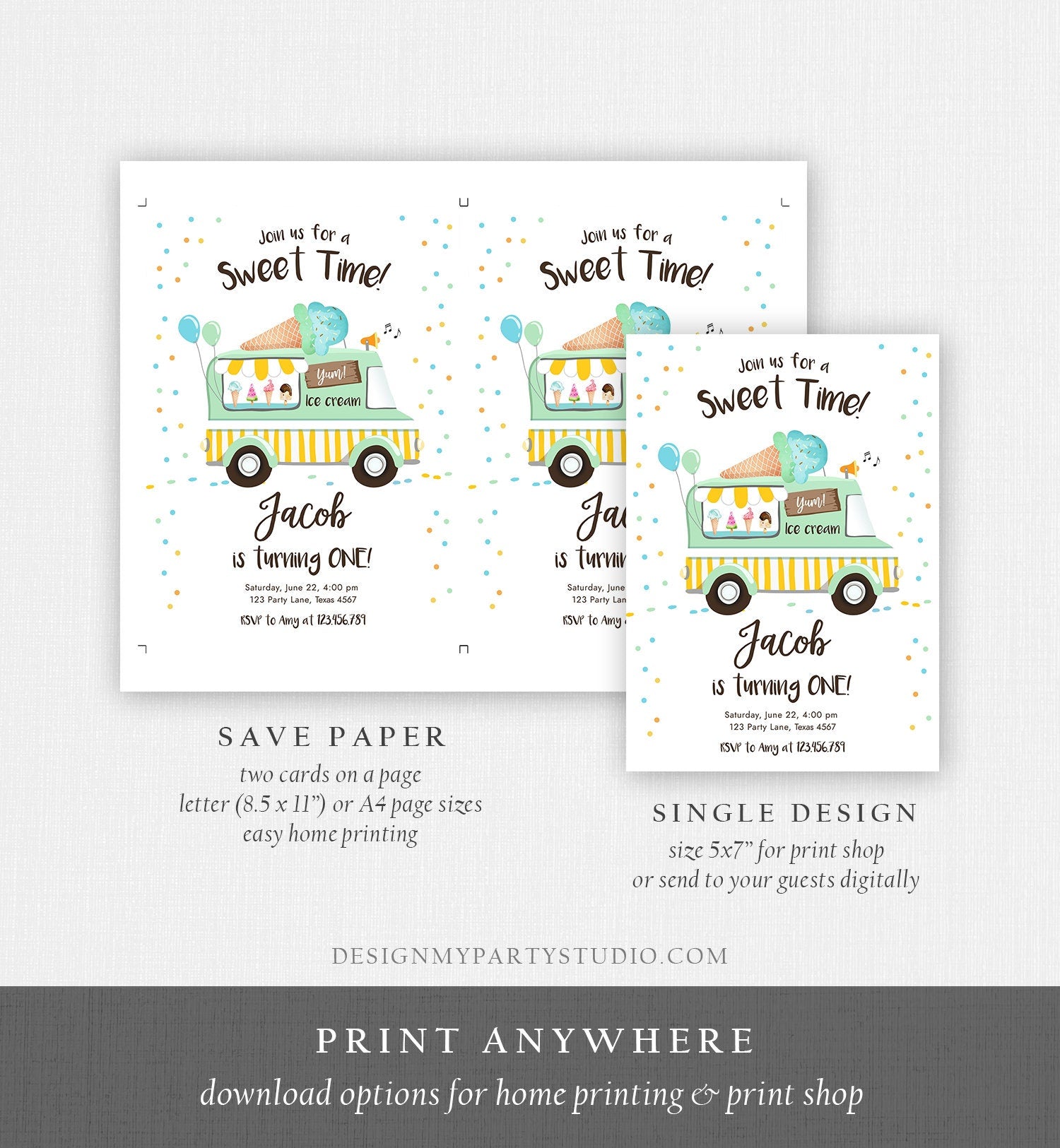 Editable Ice Cream Truck Birthday Invitation Ice Cream Birthday Party Cone Boy Girl Mint Yellow Summer Twin Digital Template Printable 0243
