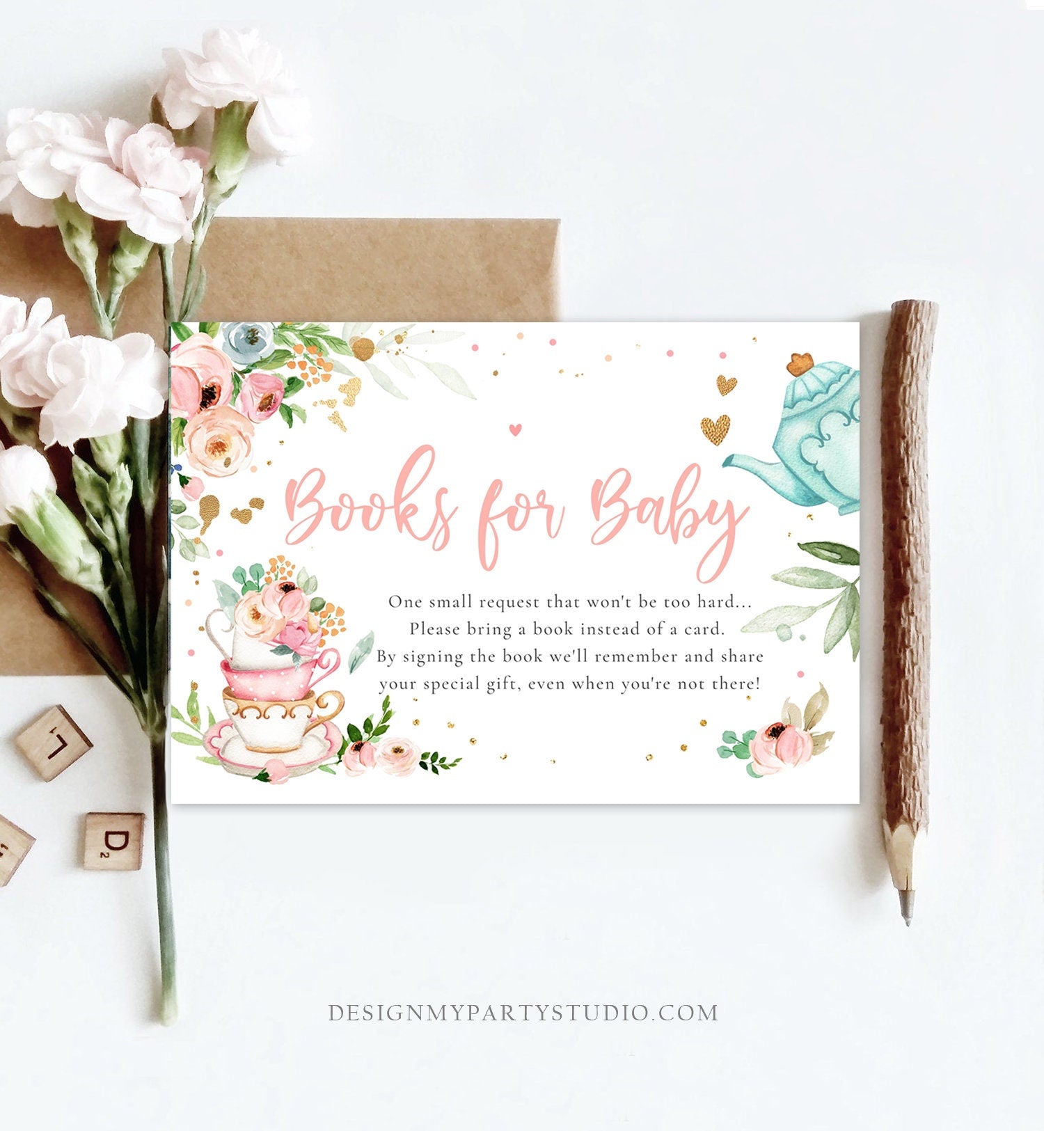 Editable Bring a Book Card Baby is Brewing Baby Shower Tea Party Book Insert Books for Baby Book Request Digital Template Printable 0349