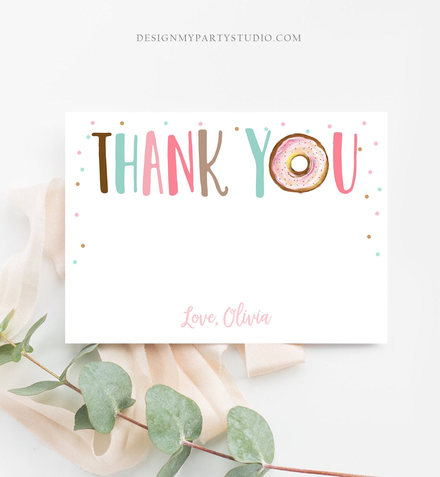 Editable Donut Thank You Card Note Pink Girl Birthday Party Doughnut Thank You Two Sweet One Baby Shower Digital Template Printable 0368