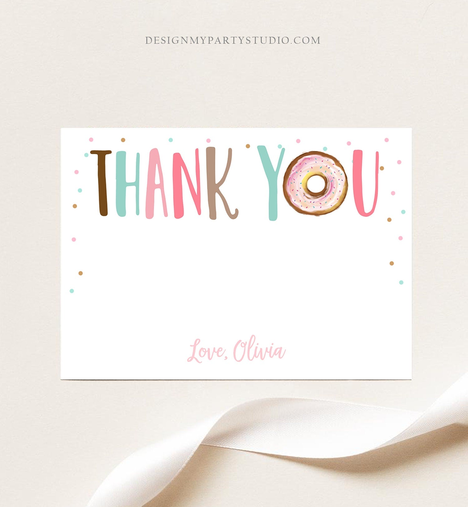 Editable Donut Thank You Card Note Pink Girl Birthday Party Doughnut Thank You Two Sweet One Baby Shower Digital Template Printable 0368