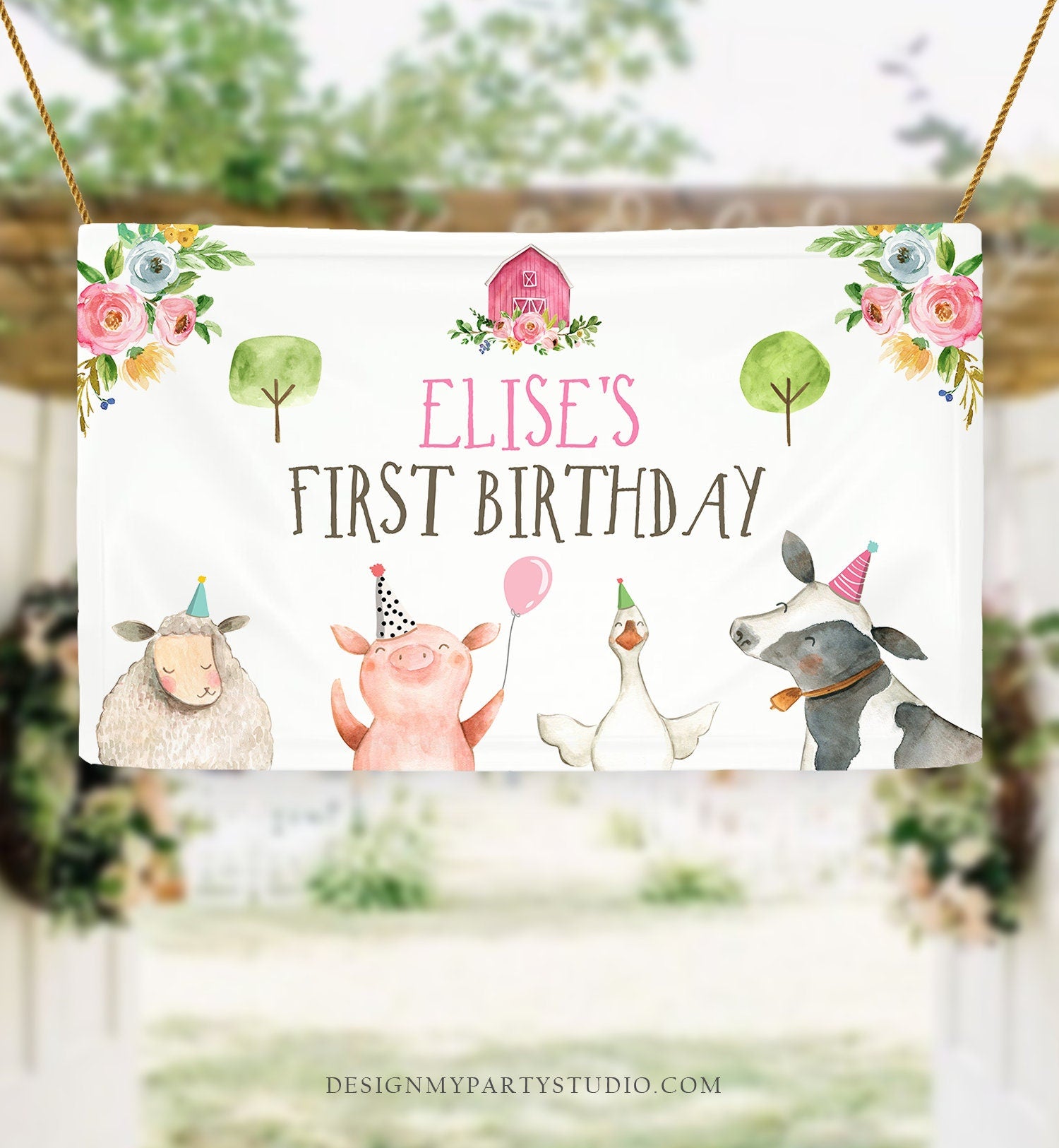 Editable Farm Backdrop Banner Pink Farm Birthday Girl Farm Animals Barnyard Birthday Decorations Cow Download Corjl Template Printable 0155