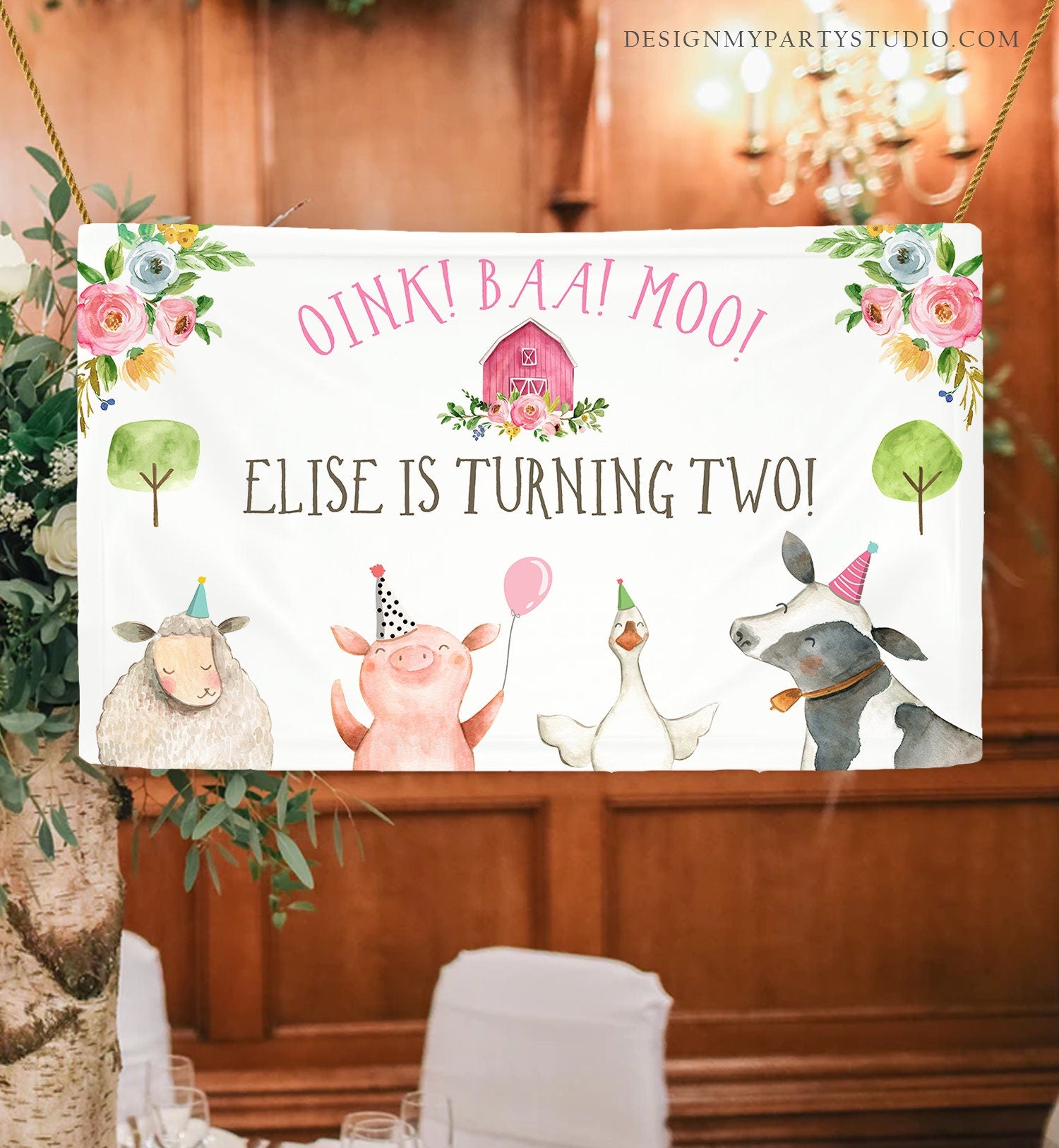 Editable Farm Backdrop Banner Pink Farm Birthday Girl Farm Animals Barnyard 2nd Birthday Decorations Download Corjl Template Printable 0155