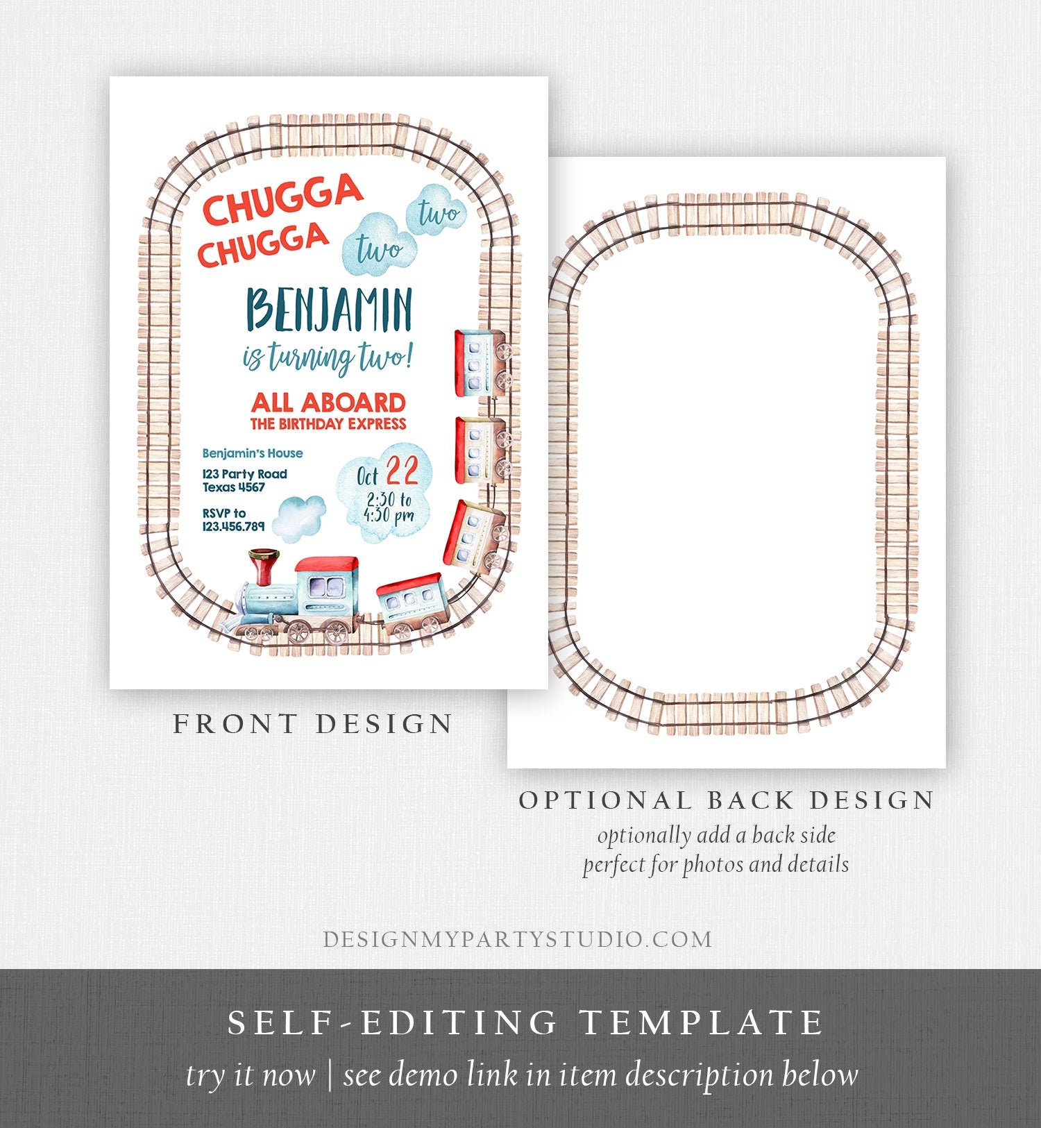 Editable Chugga Chugga Two Two Train Birthday Invitation Vintage Choo Choo Train Party Train Birthday Download Evite Template Printable 0149