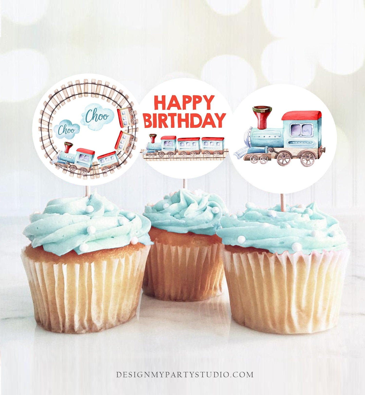 Train Cupcake Toppers Railroad Favor Tags Train Birthday Party Decor Chugga Chugga Choo Choo All Aboard Boy Download Digital PRINTABLE 0149