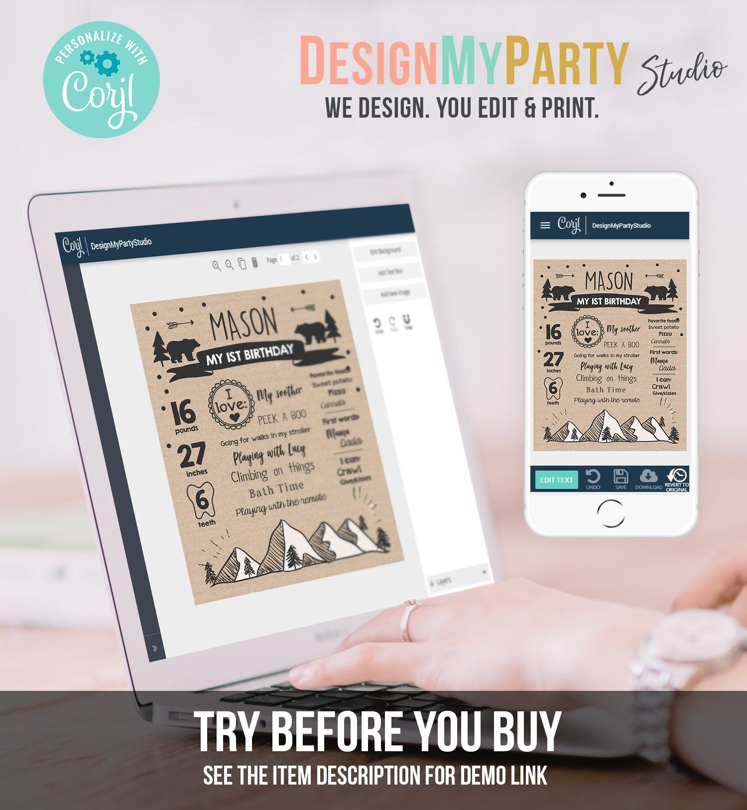 Editable Wild Adventure Birthday Milestones Sign Wild One First Birthday 1st Boy Onederful Wild Adventure Bear Corjl Template Printable 0083