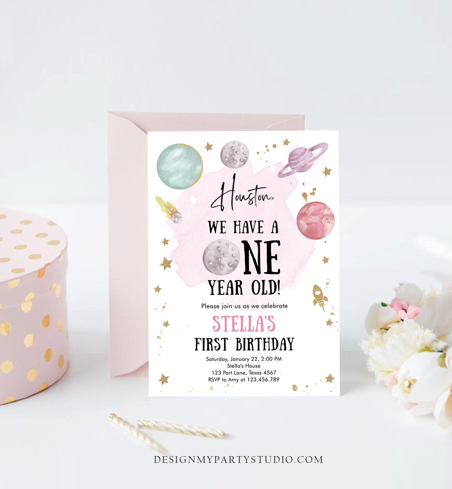Editable Outer Space First Birthday Invitation Galaxy Houston First Trip Around the Sun One Digital Download Evite Template Printable 0357